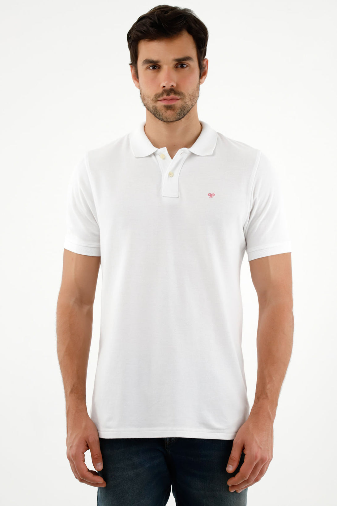 Men's White Polo Shirt with Multicolor Racket Design