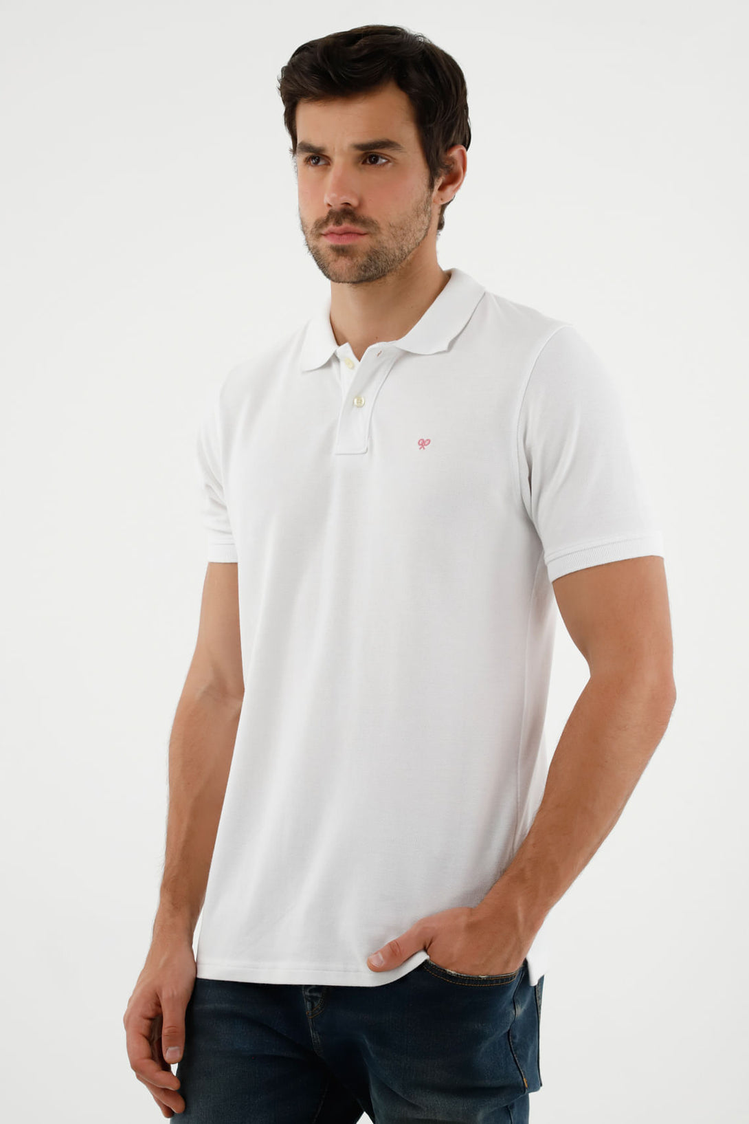 Men's White Polo Shirt with Multicolor Racket Design