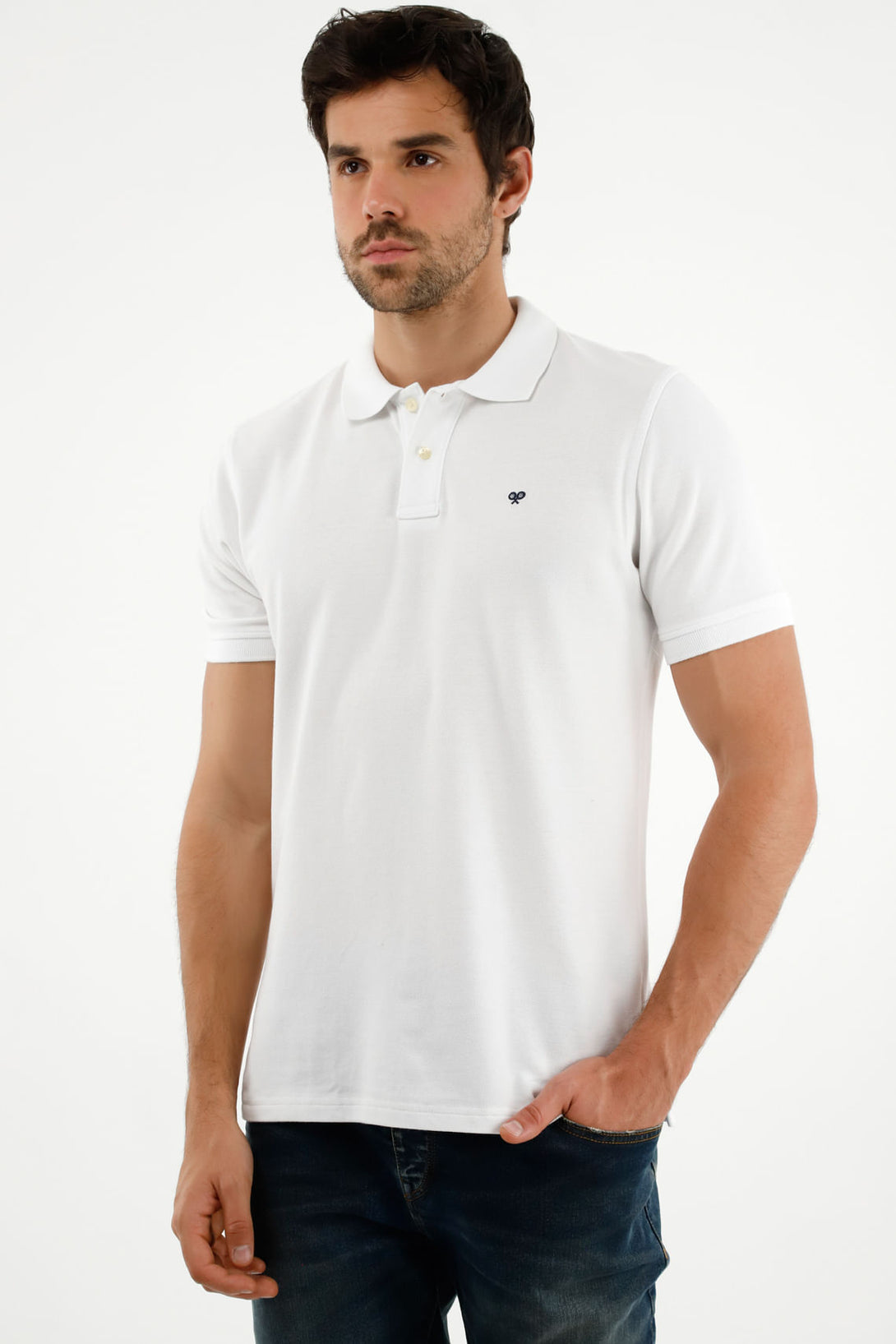 Men's White Polo Shirt with Multicolor Racket Design