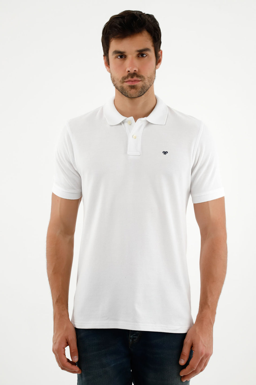 Men's White Polo Shirt with Multicolor Racket Design