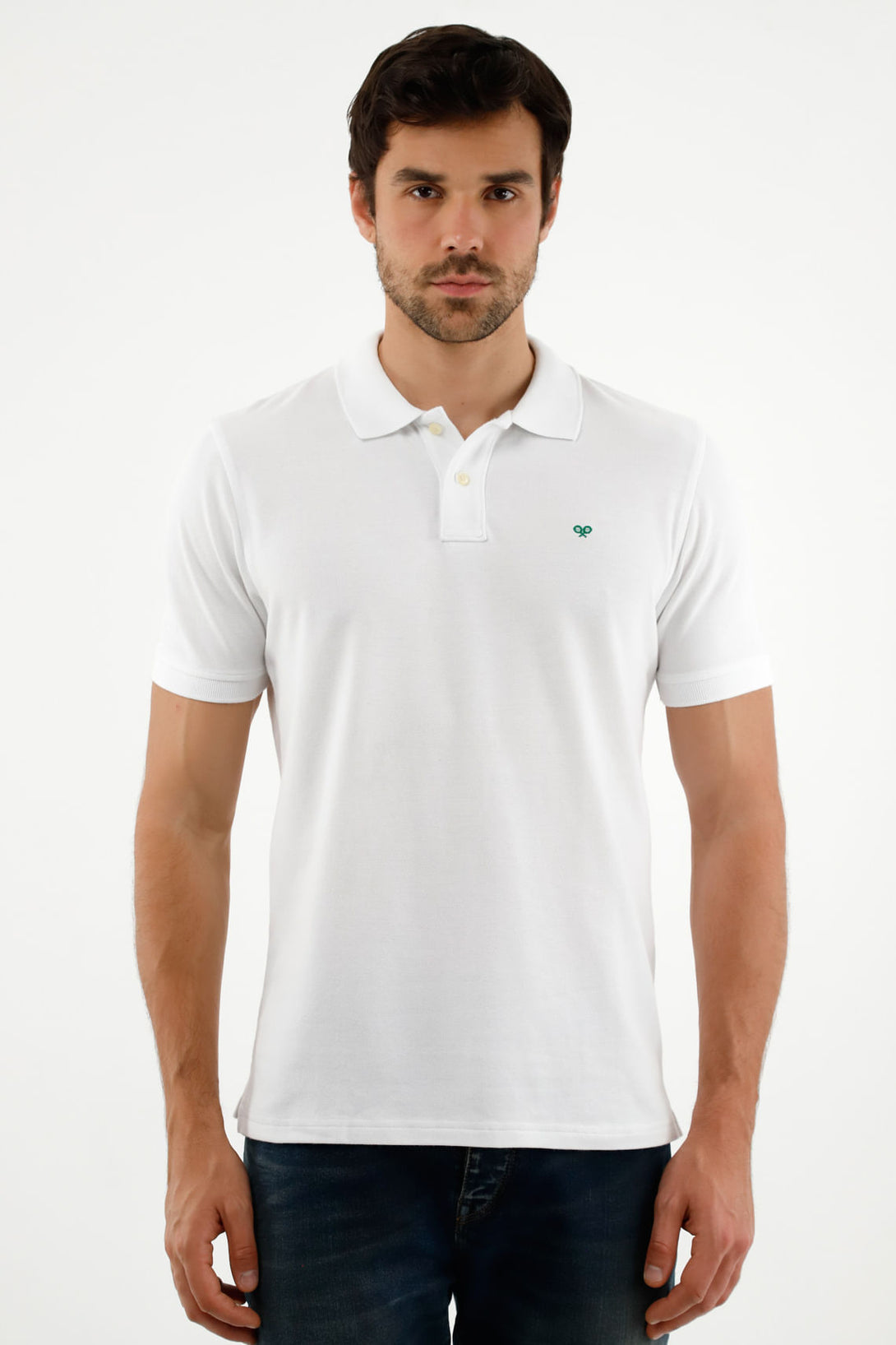 Men's White Polo Shirt with Multicolor Racket Design