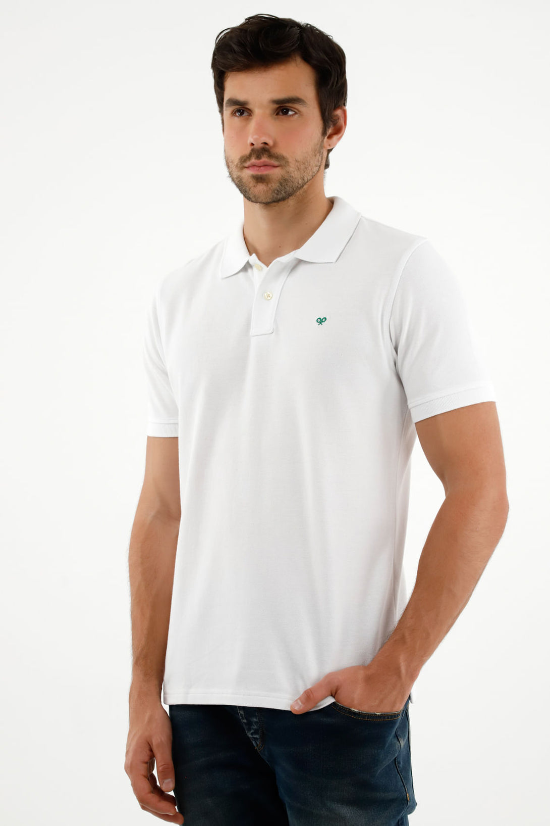 Men's White Polo Shirt with Multicolor Racket Design