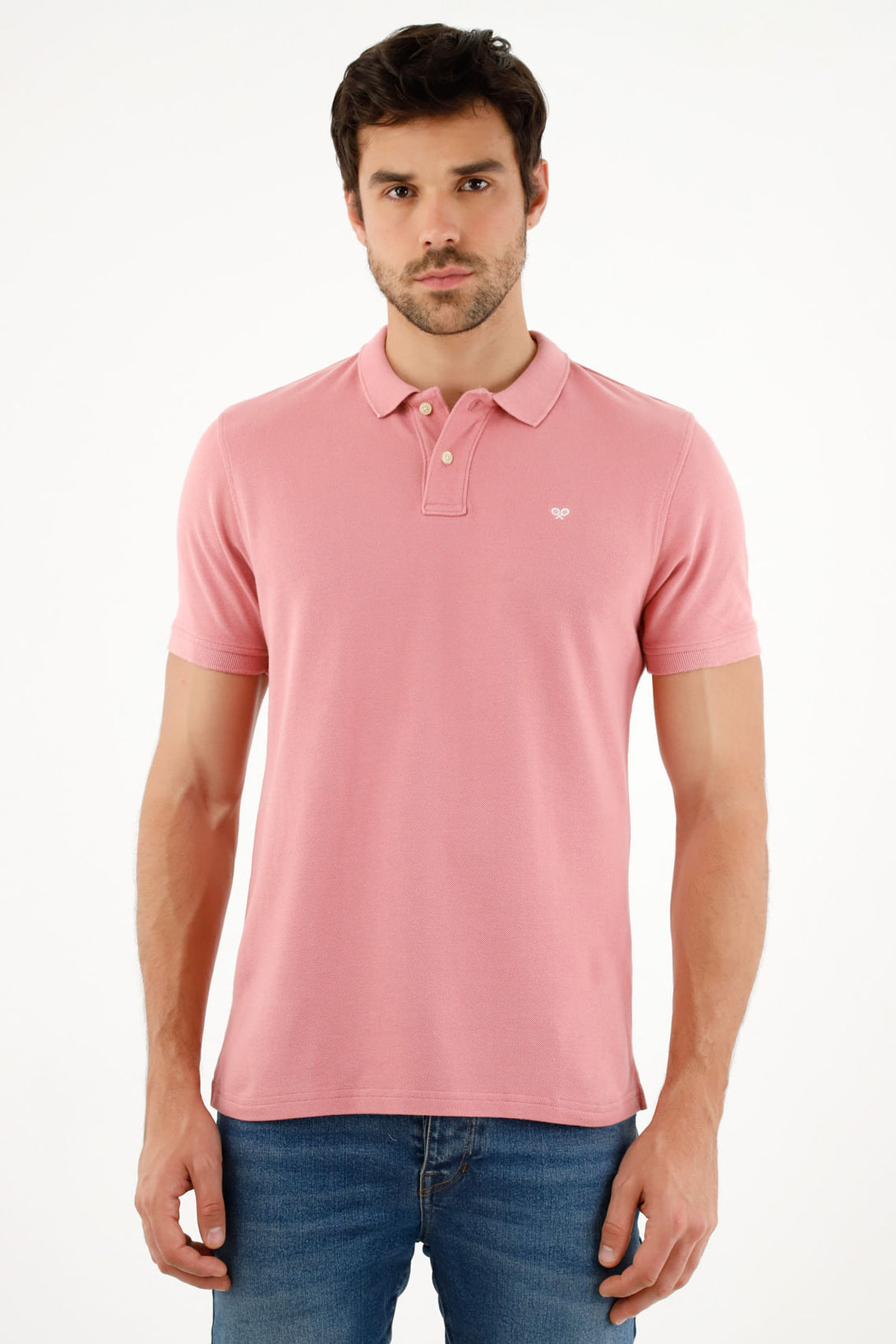 Men's Pink Polo Shirt with Multicolor Racket Design