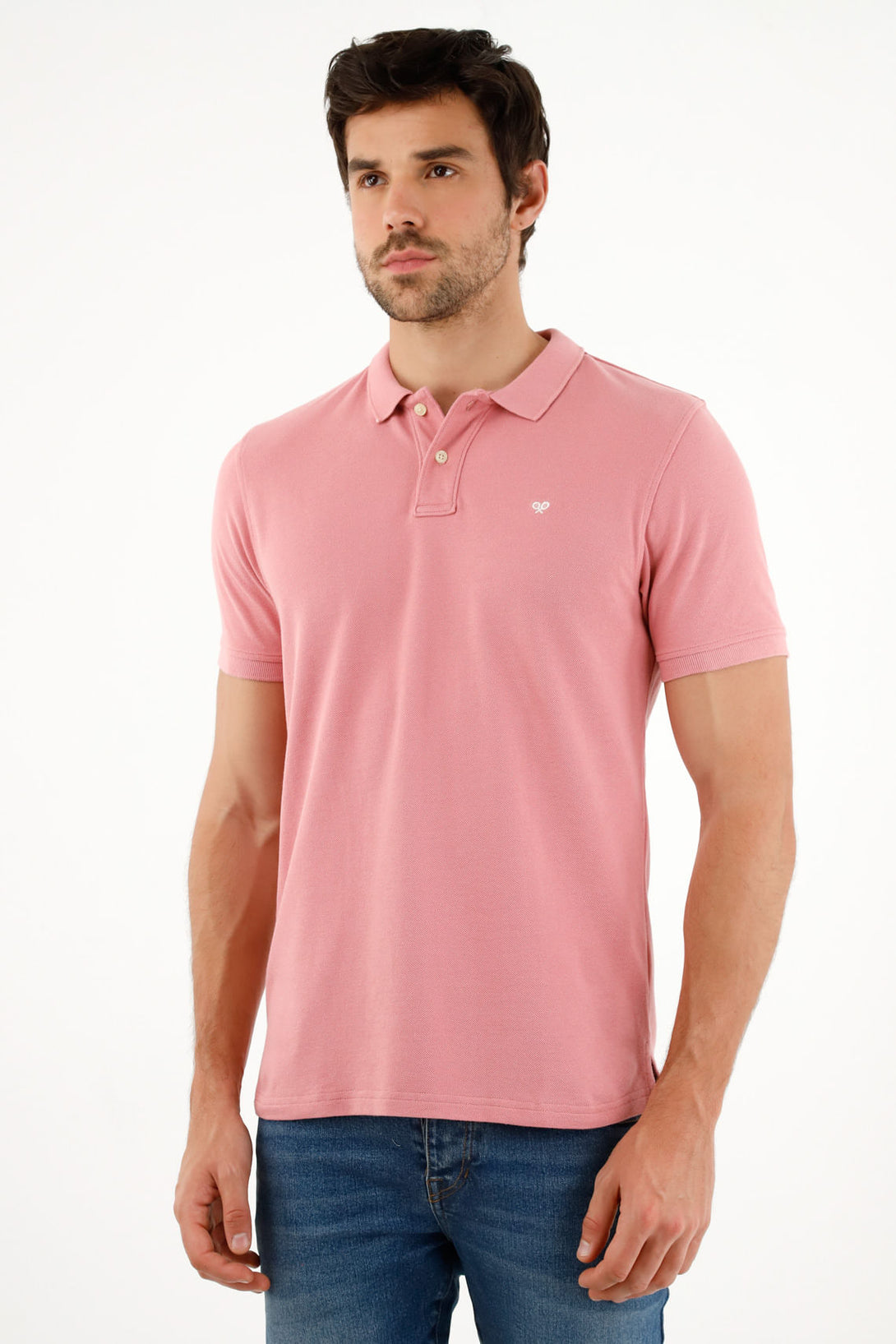 Men's Pink Polo Shirt with Multicolor Racket Design