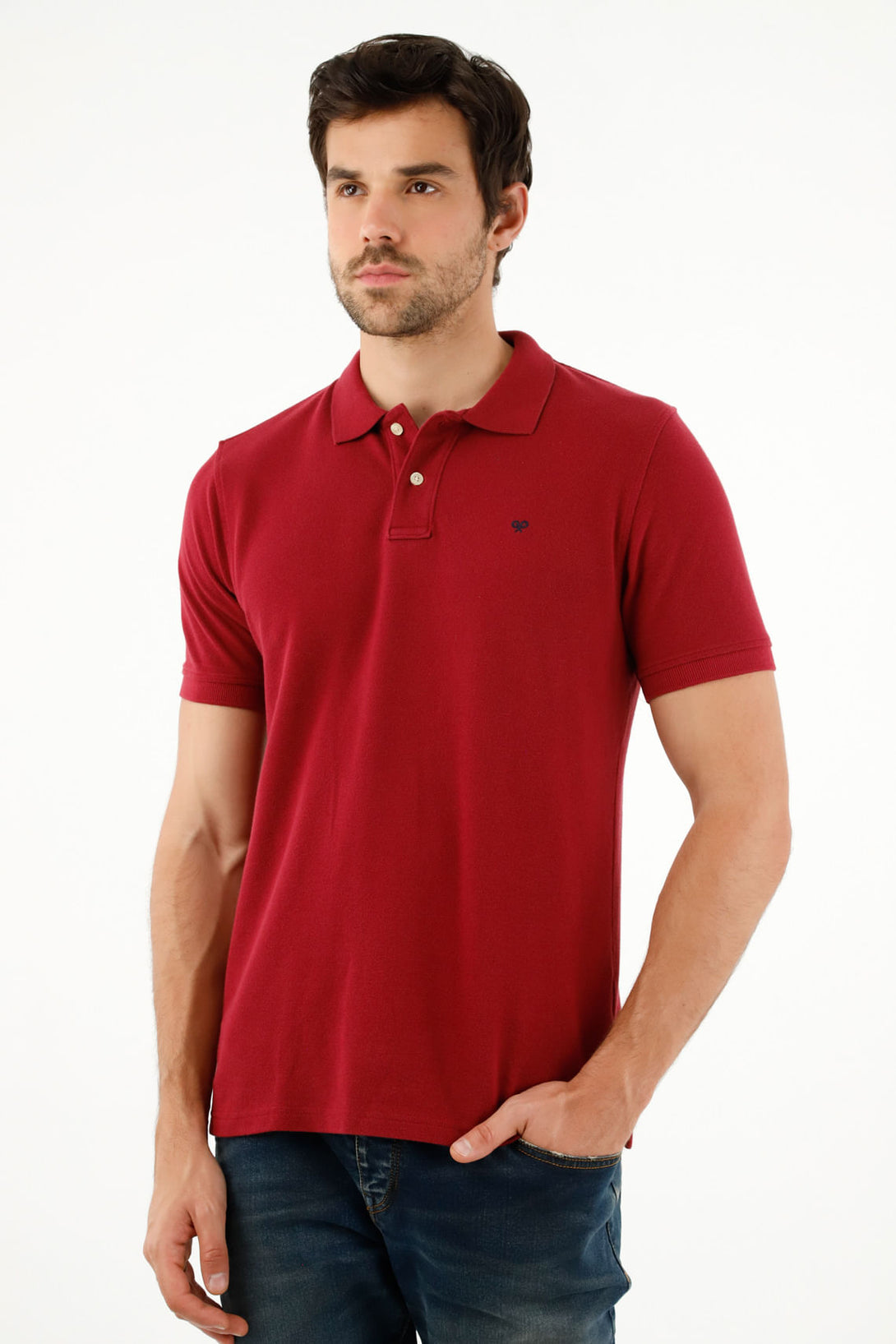 Men's Red Polo Shirt with Multicolor Racket Design