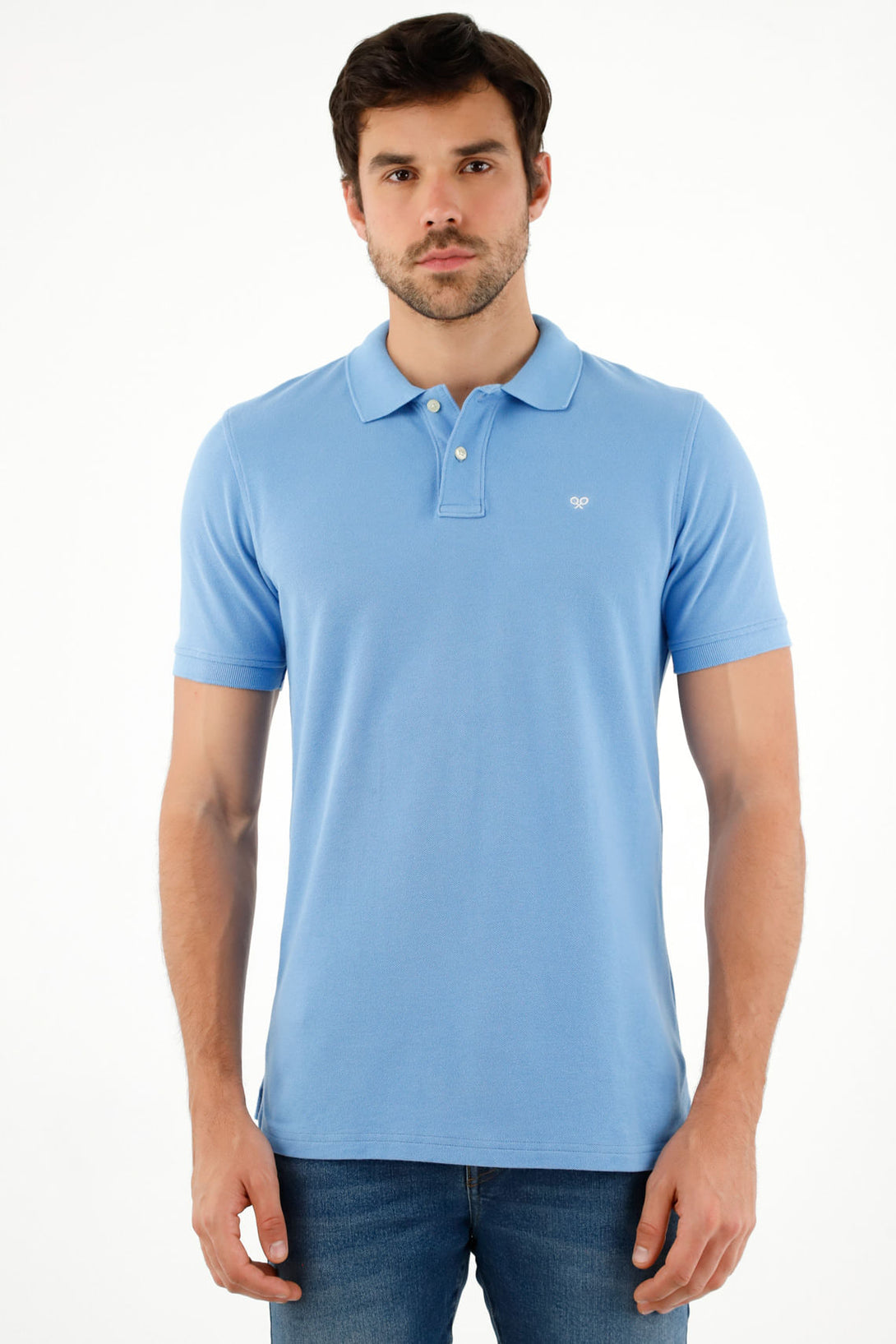 Men's Blue Polo Shirt with Multicolor Racket Design