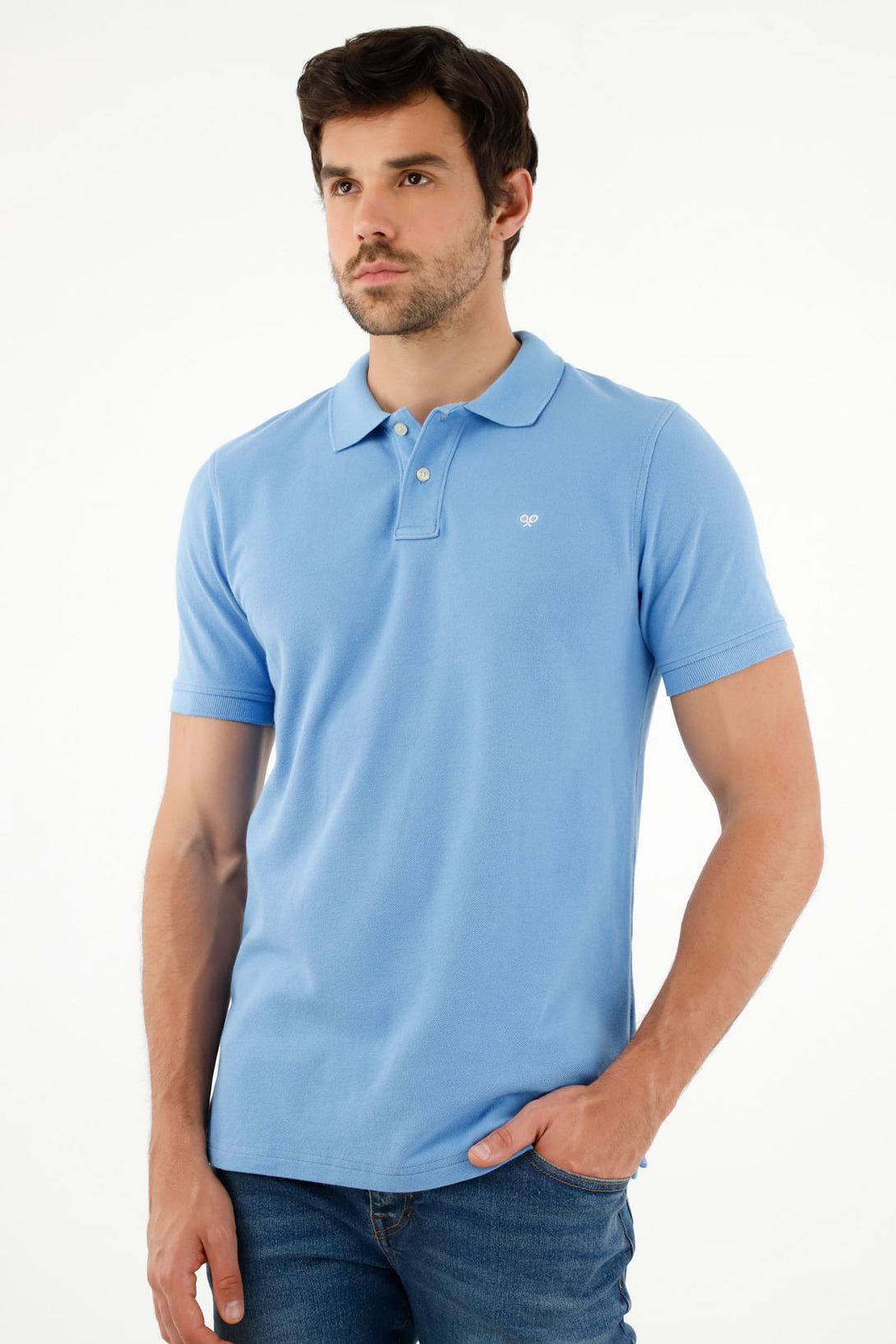 Men's Blue Polo Shirt with Multicolor Racket Design