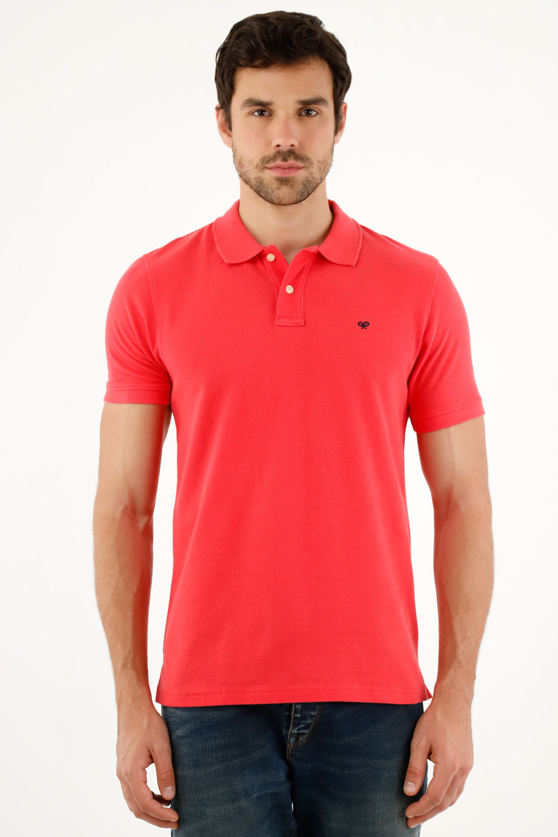 Men's Pink Polo Shirt with Multicolor Racket Design