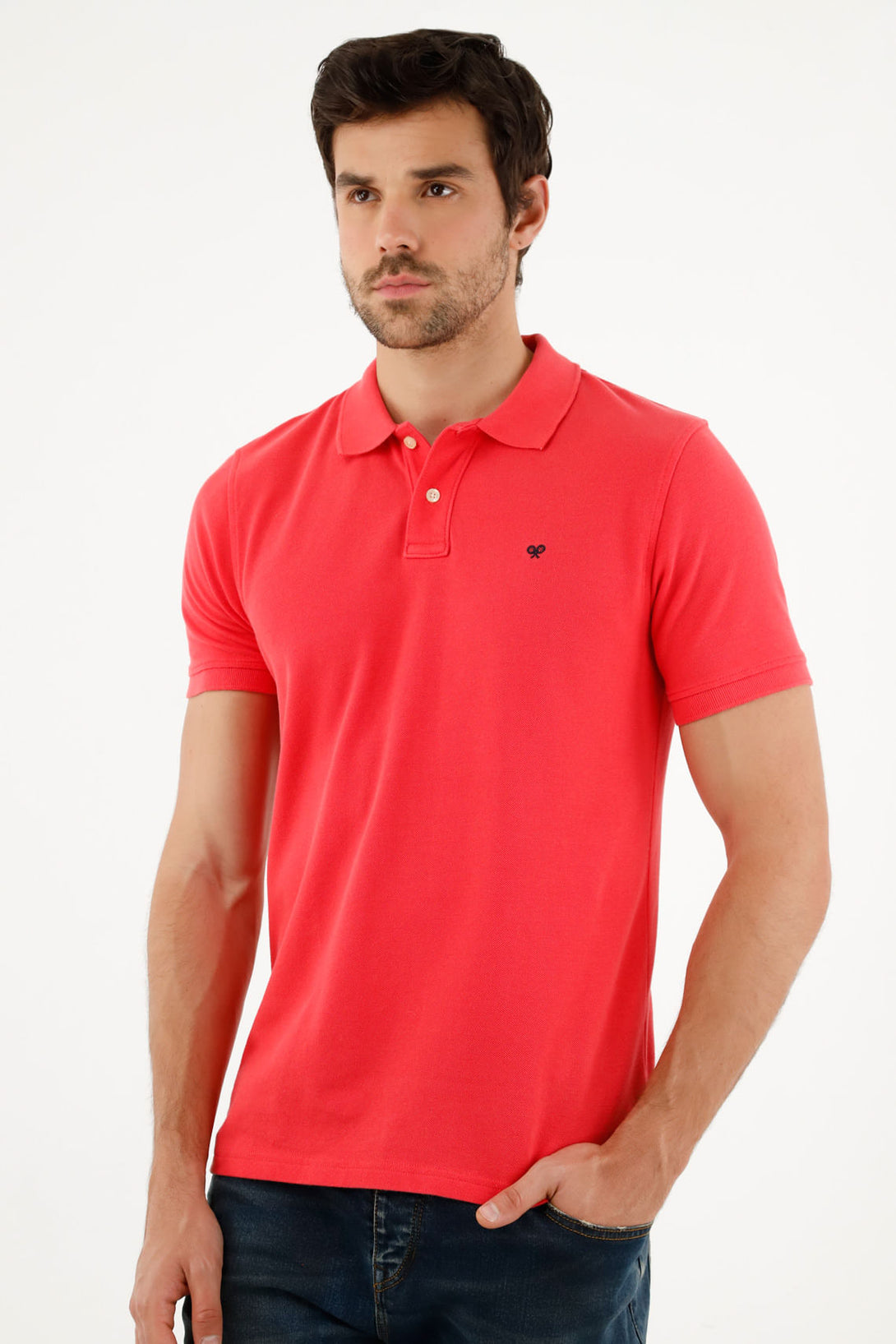 Men's Pink Polo Shirt with Multicolor Racket Design