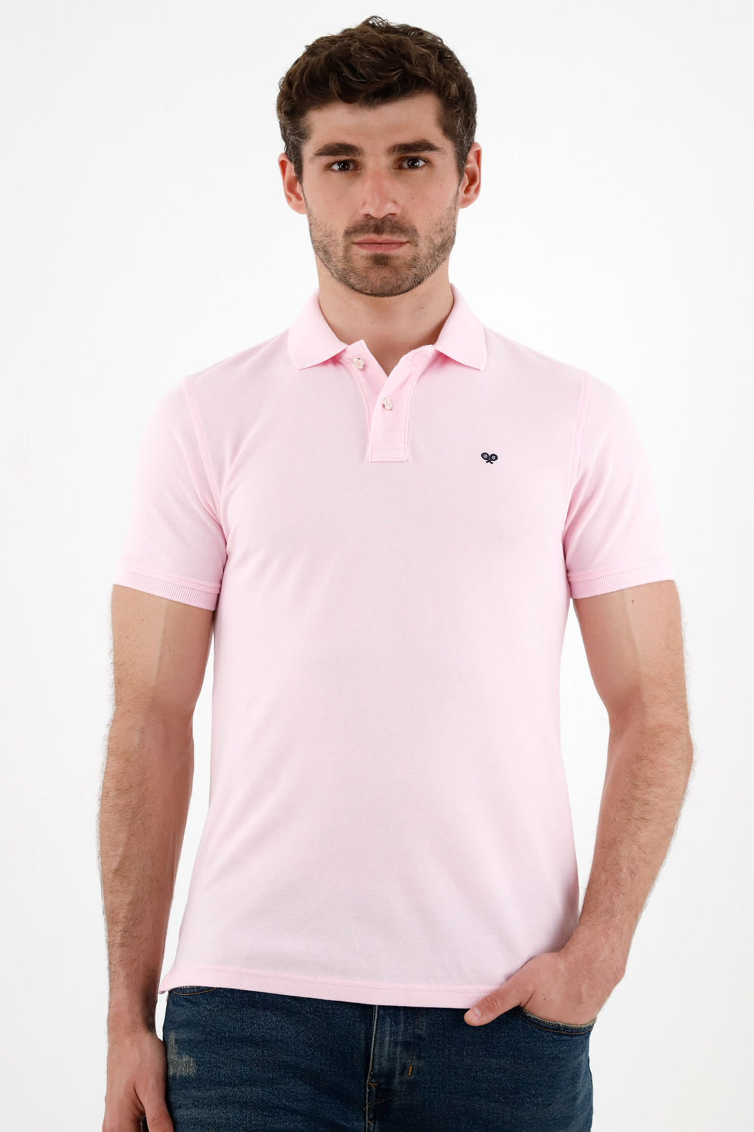 Men's Pink Polo Shirt with Multicolor Racket Design