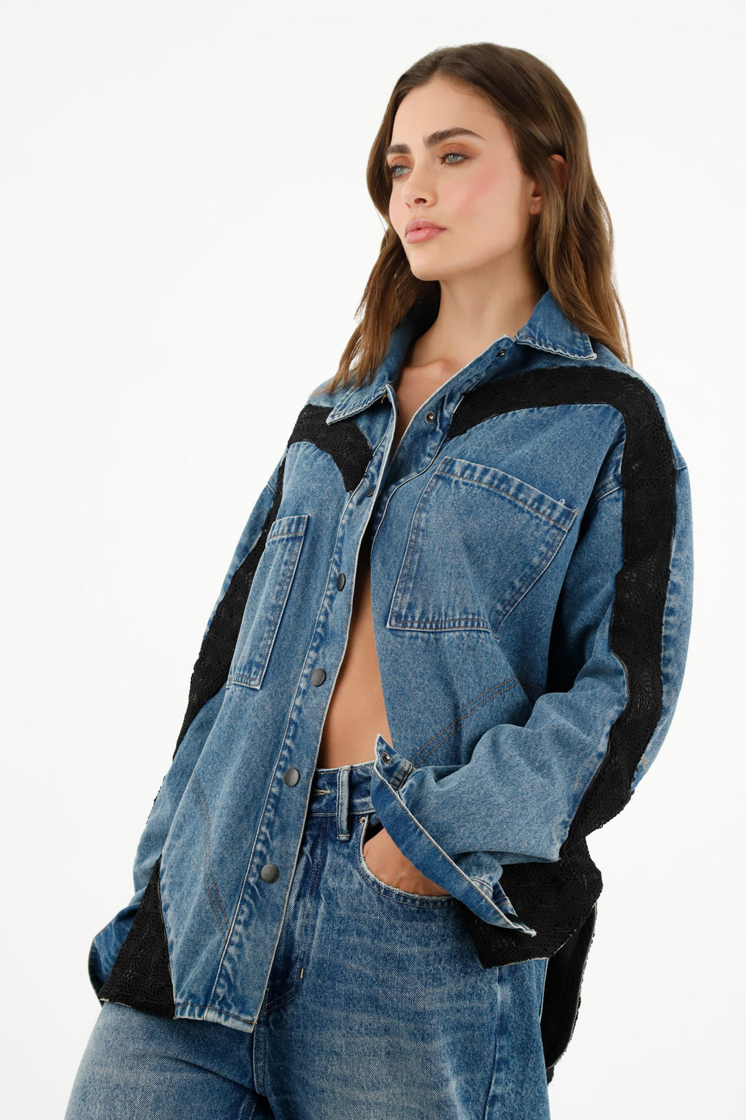 Women's Blue Overshirt with Knit Details