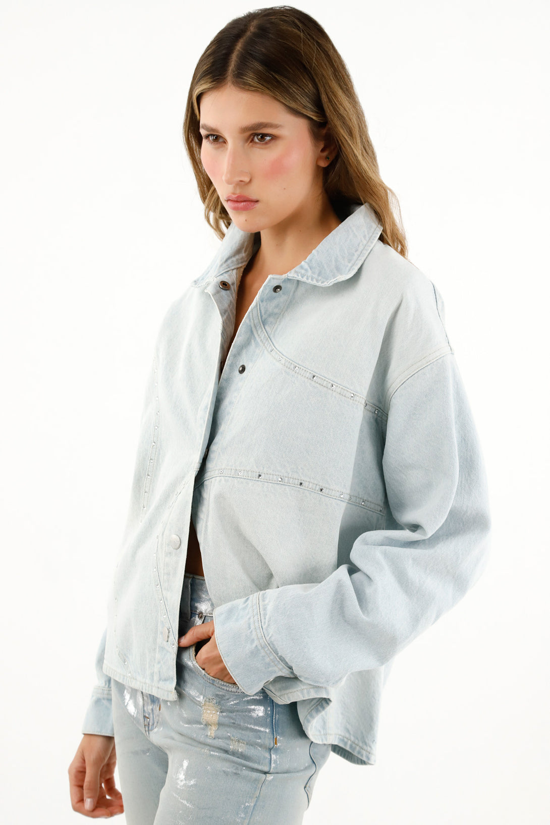 Women's Blue Denim Overshirt with Appliques