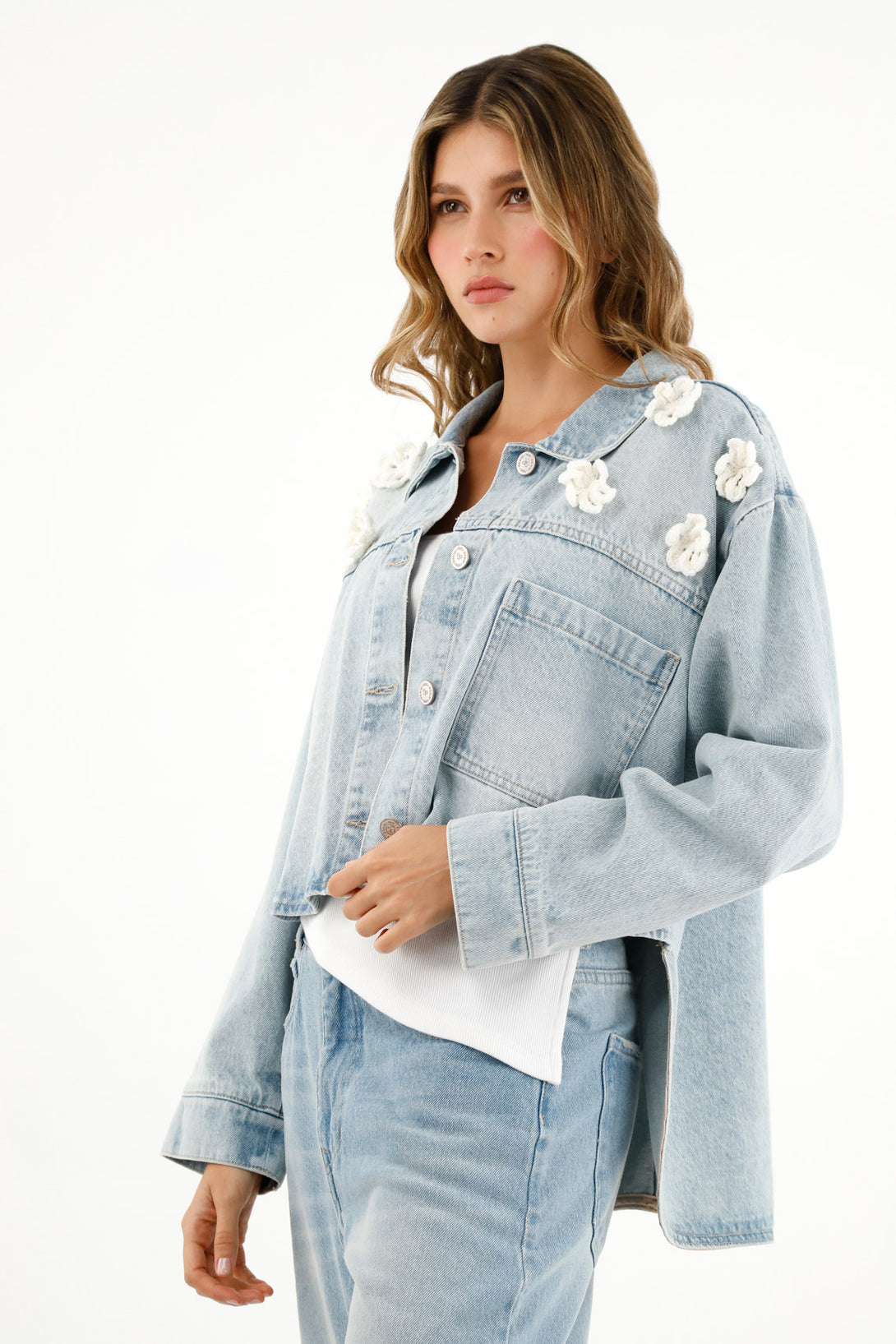 Women's Blue Jacket with Floral Appliques