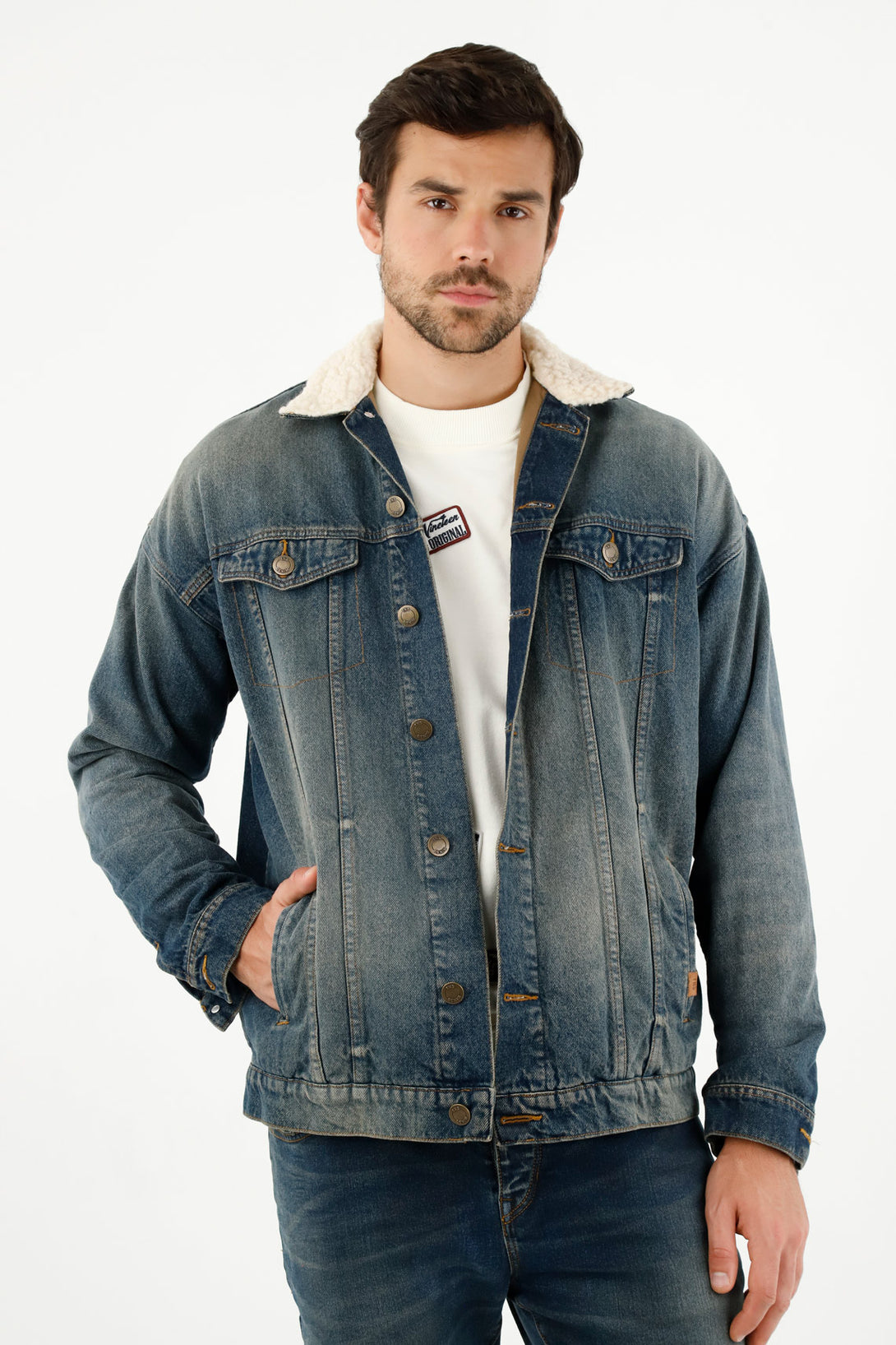 Men's Blue Shearling Collar Jacket