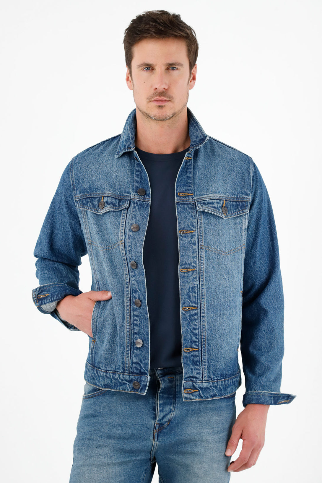 Chaqueta en demin lavado azul medio para hombre