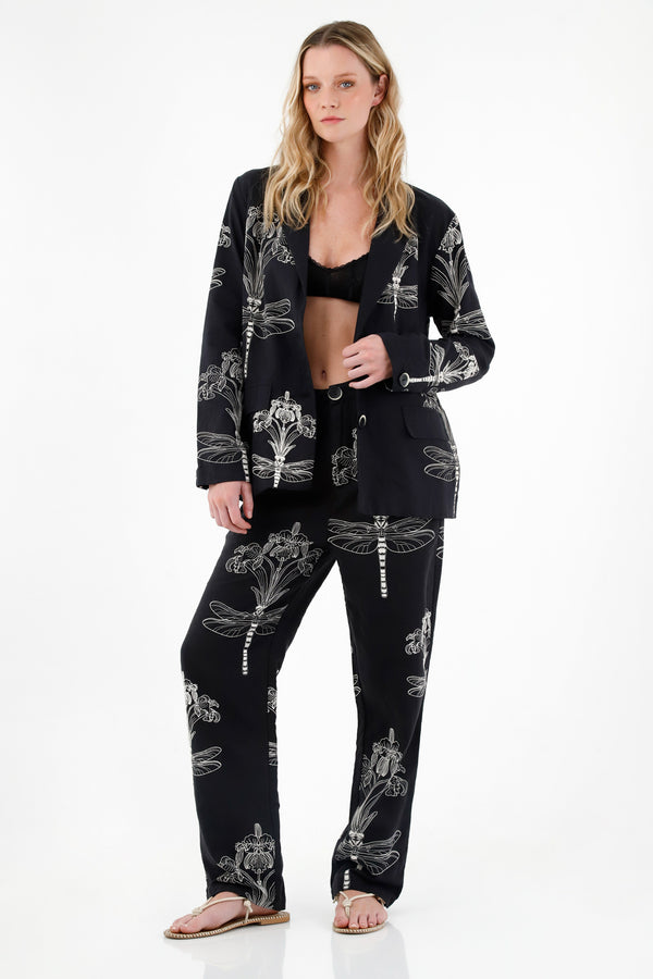 Women's Black Blazer with Embroidered-Look