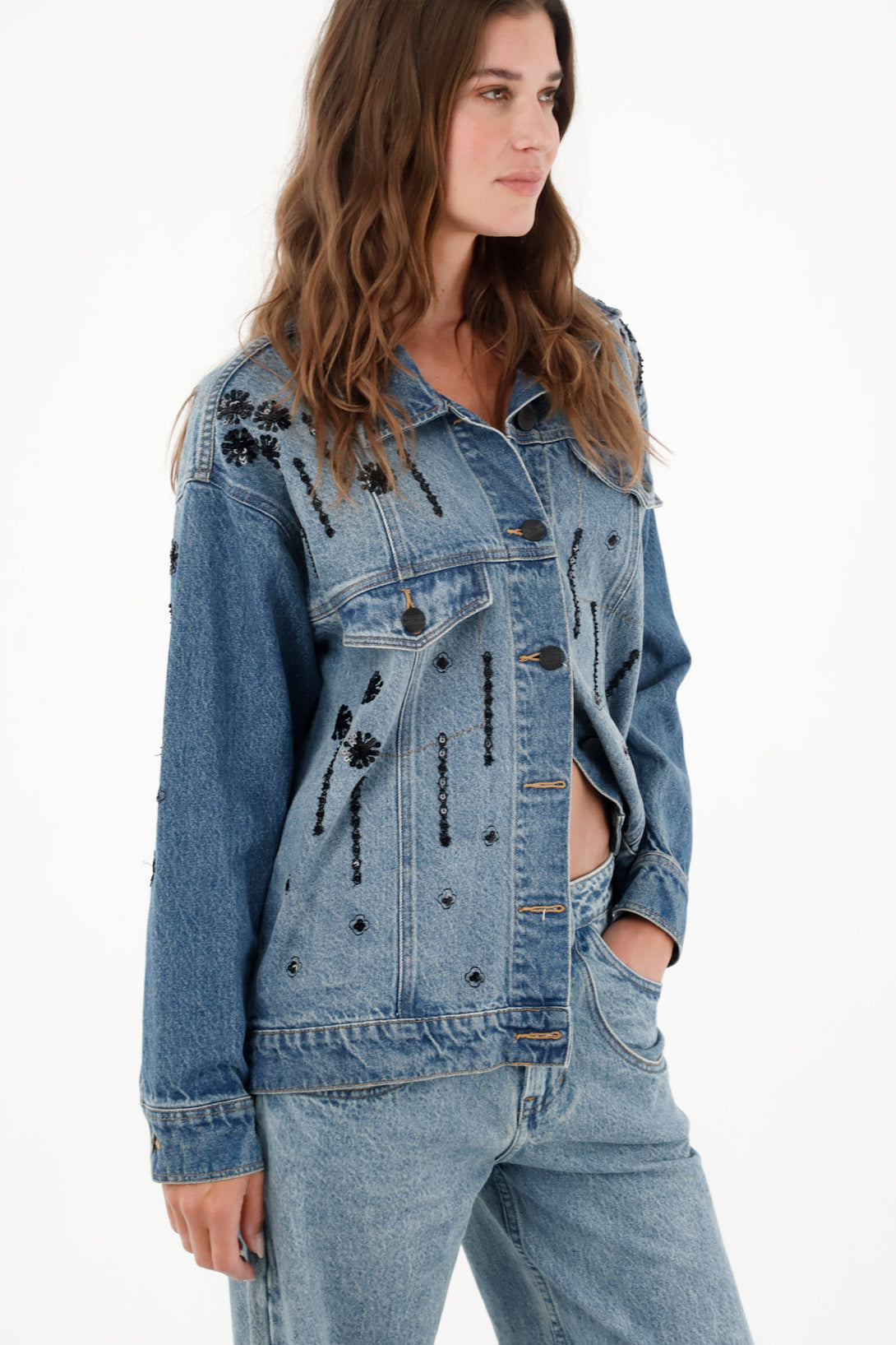 Women's Blue Trucker Jacket with Sequins