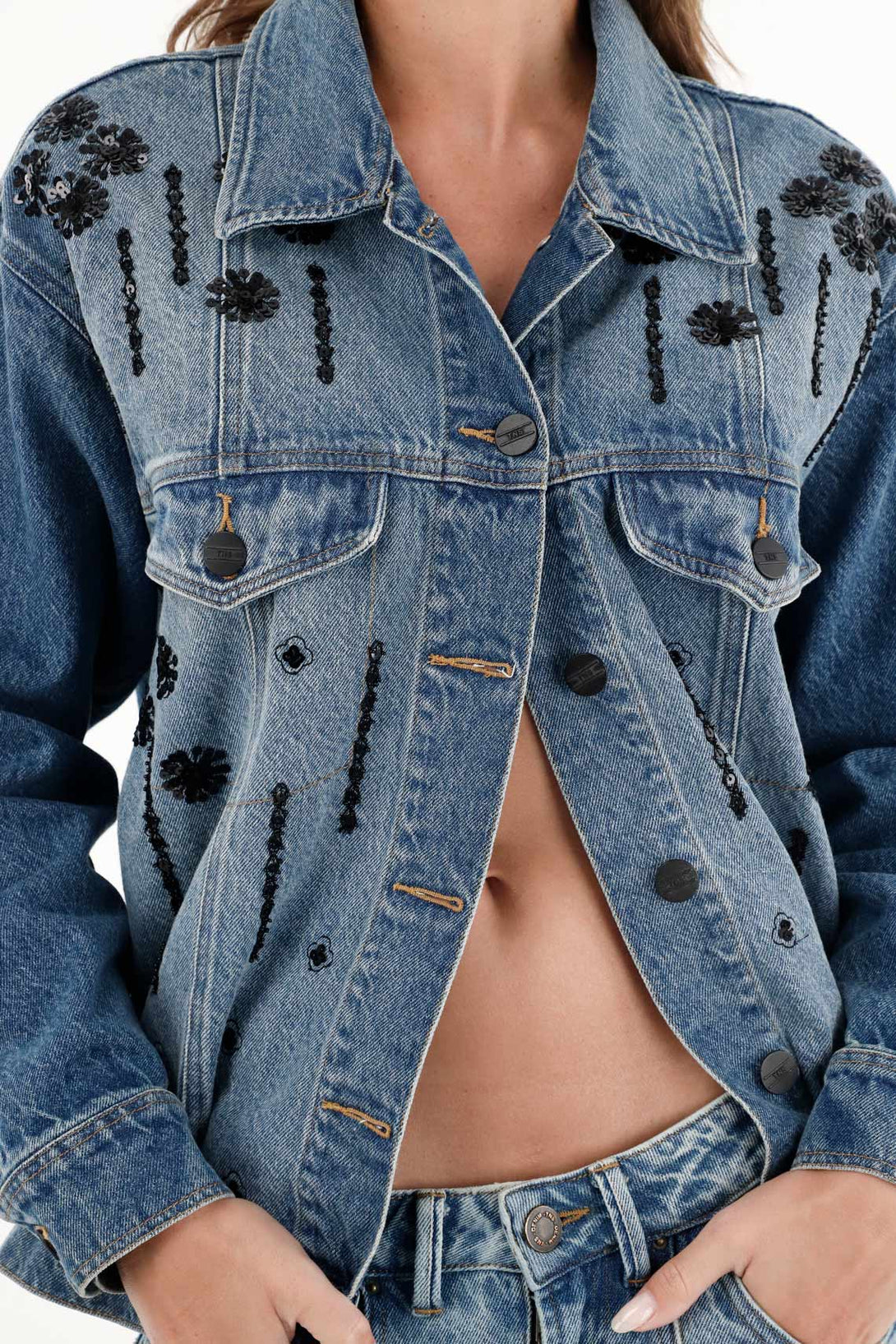 Women's Blue Trucker Jacket with Sequins