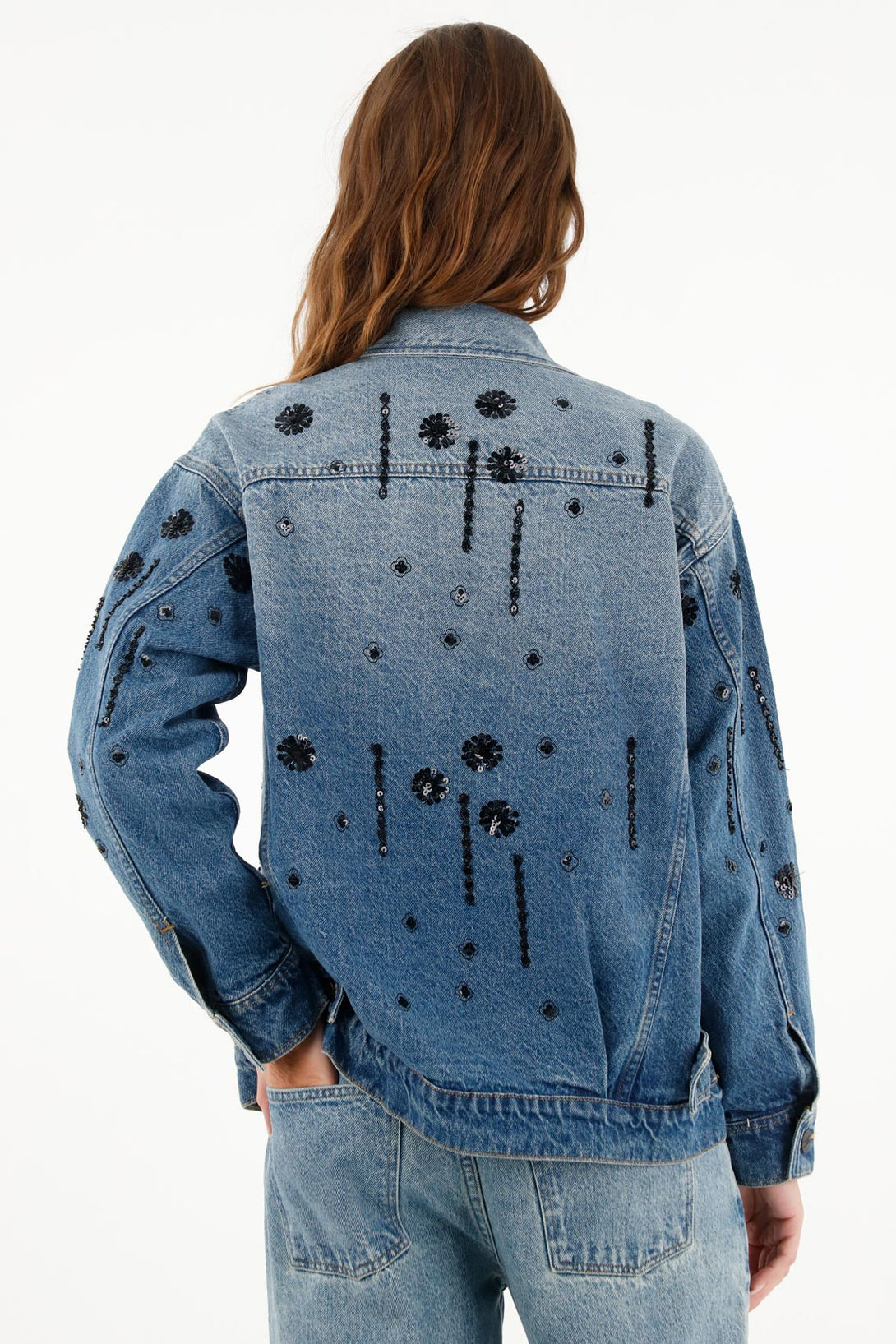 Women's Blue Trucker Jacket with Sequins