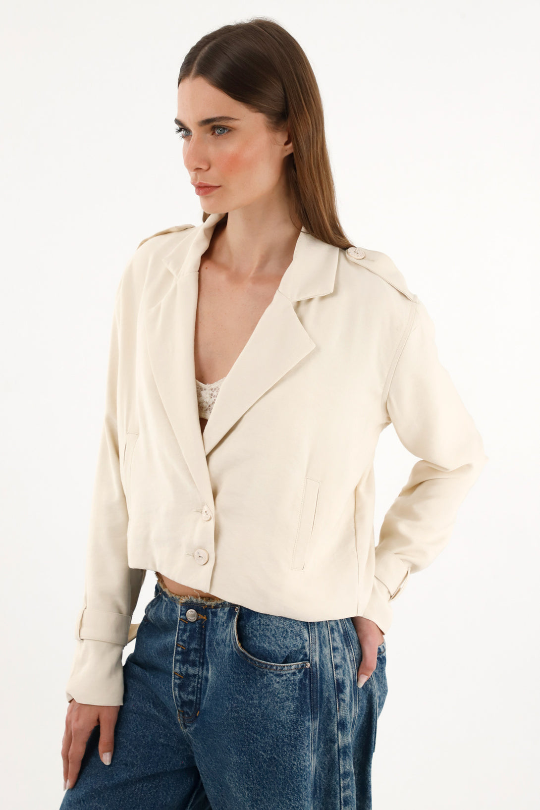 Women's Cropped Cream Biker Jacket