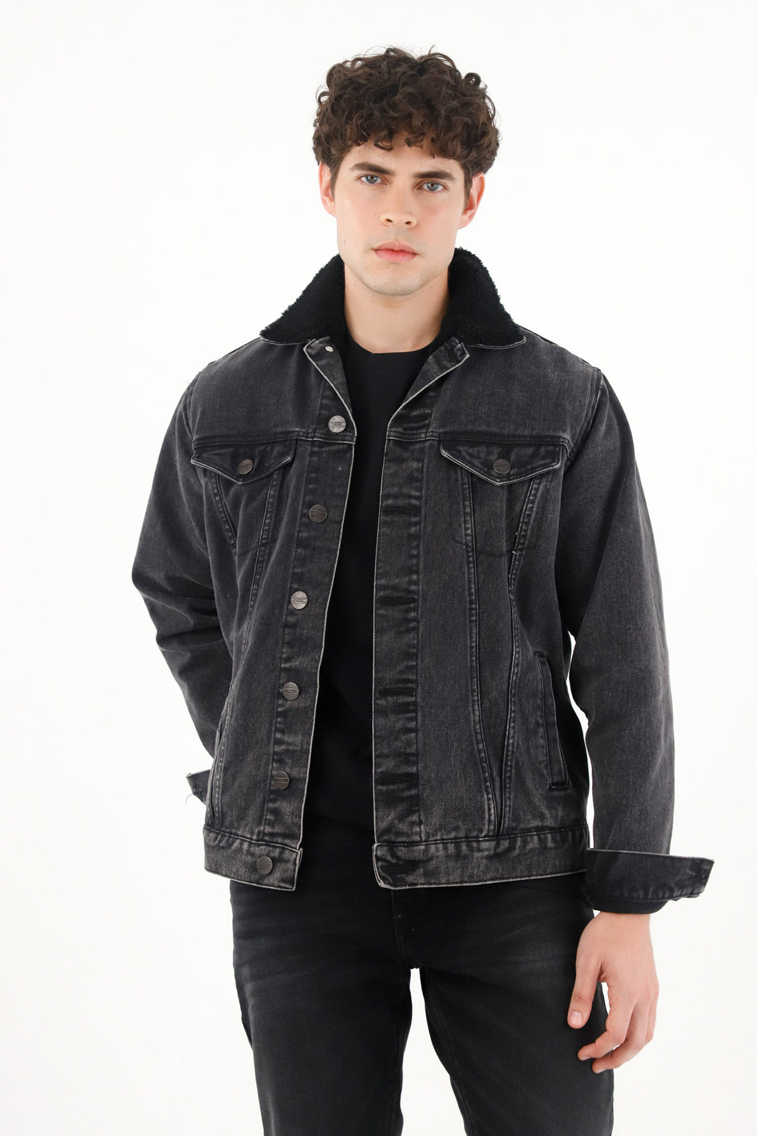 Men's Black Shearling Collar Trucker Jacket