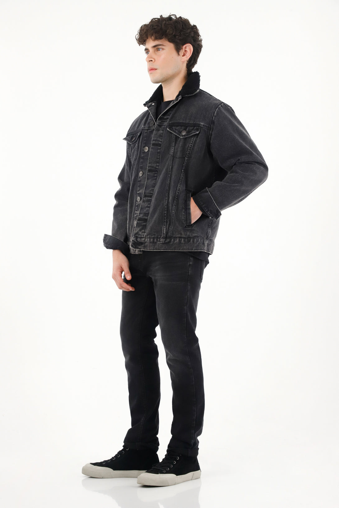 Men's Black Shearling Collar Trucker Jacket