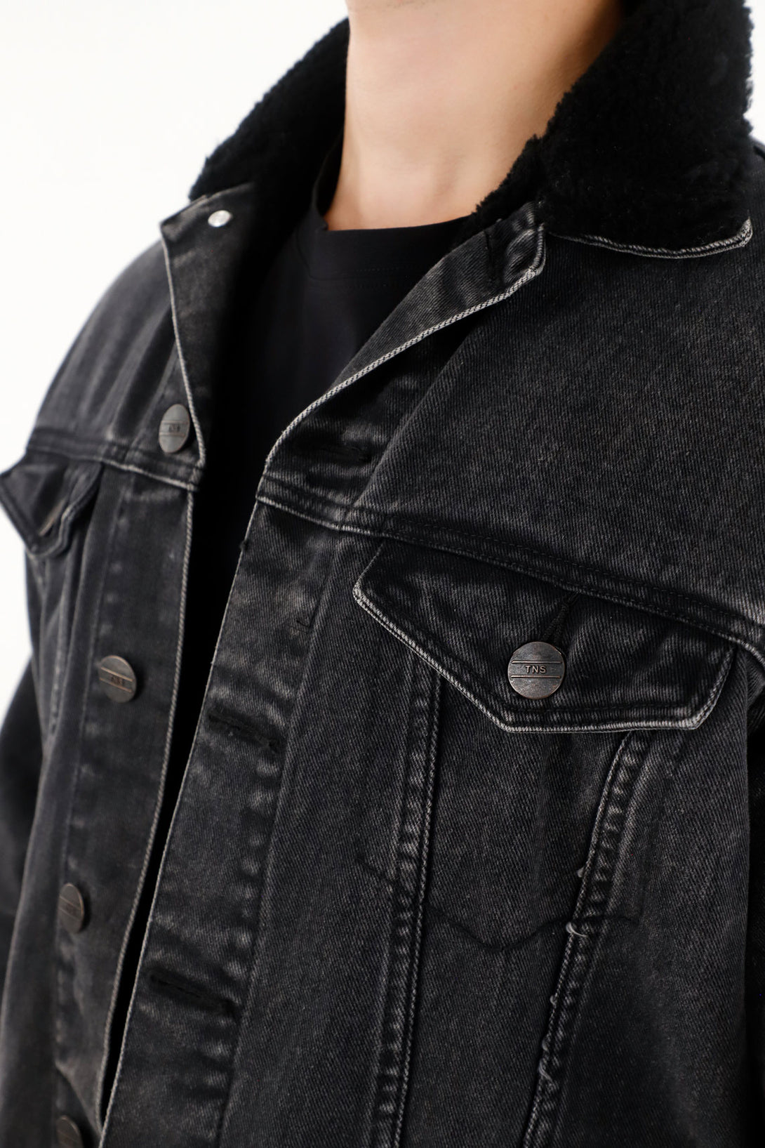 Men's Black Shearling Collar Trucker Jacket