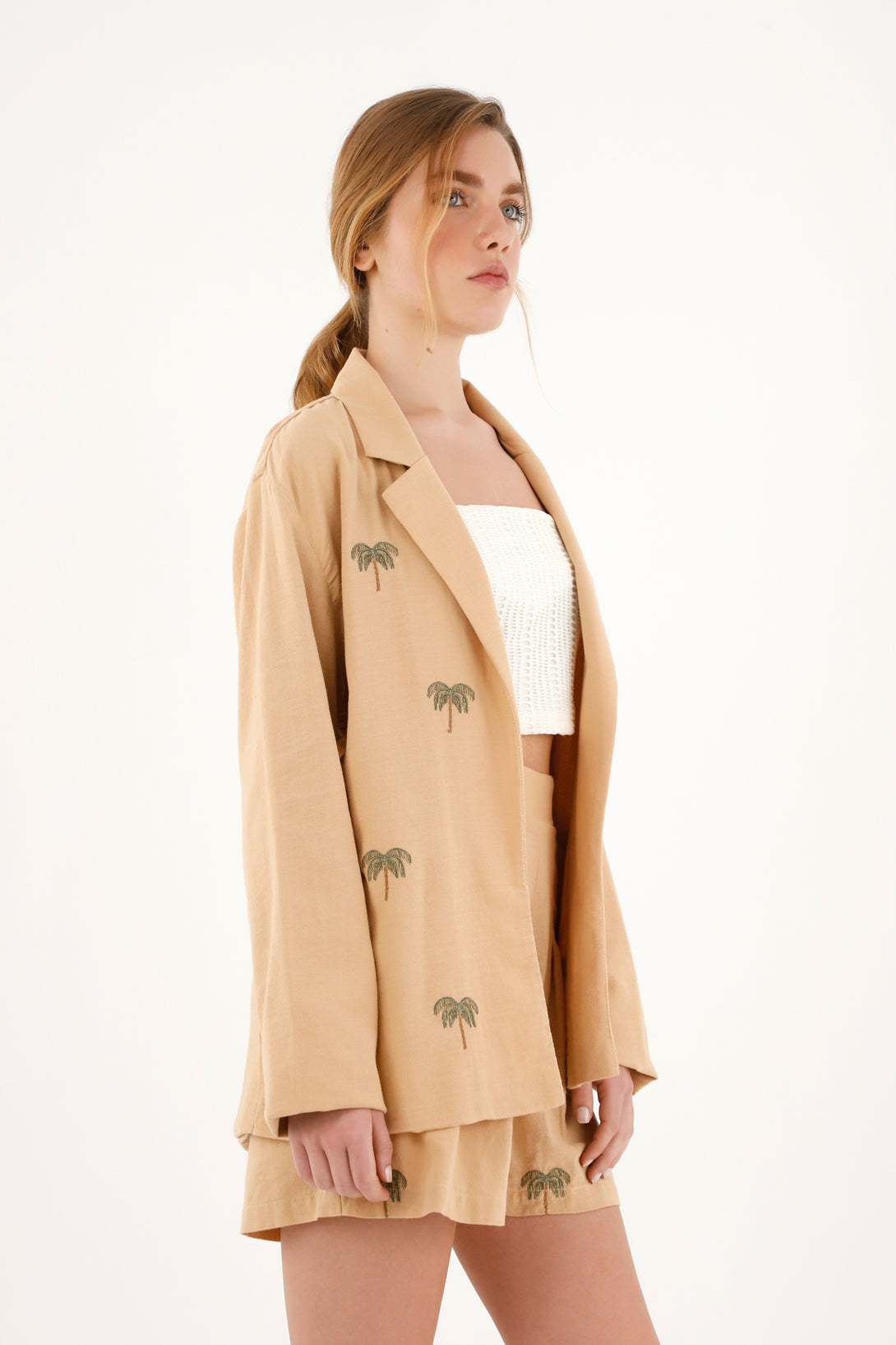 Women's brown blazer with embroidered palm trees