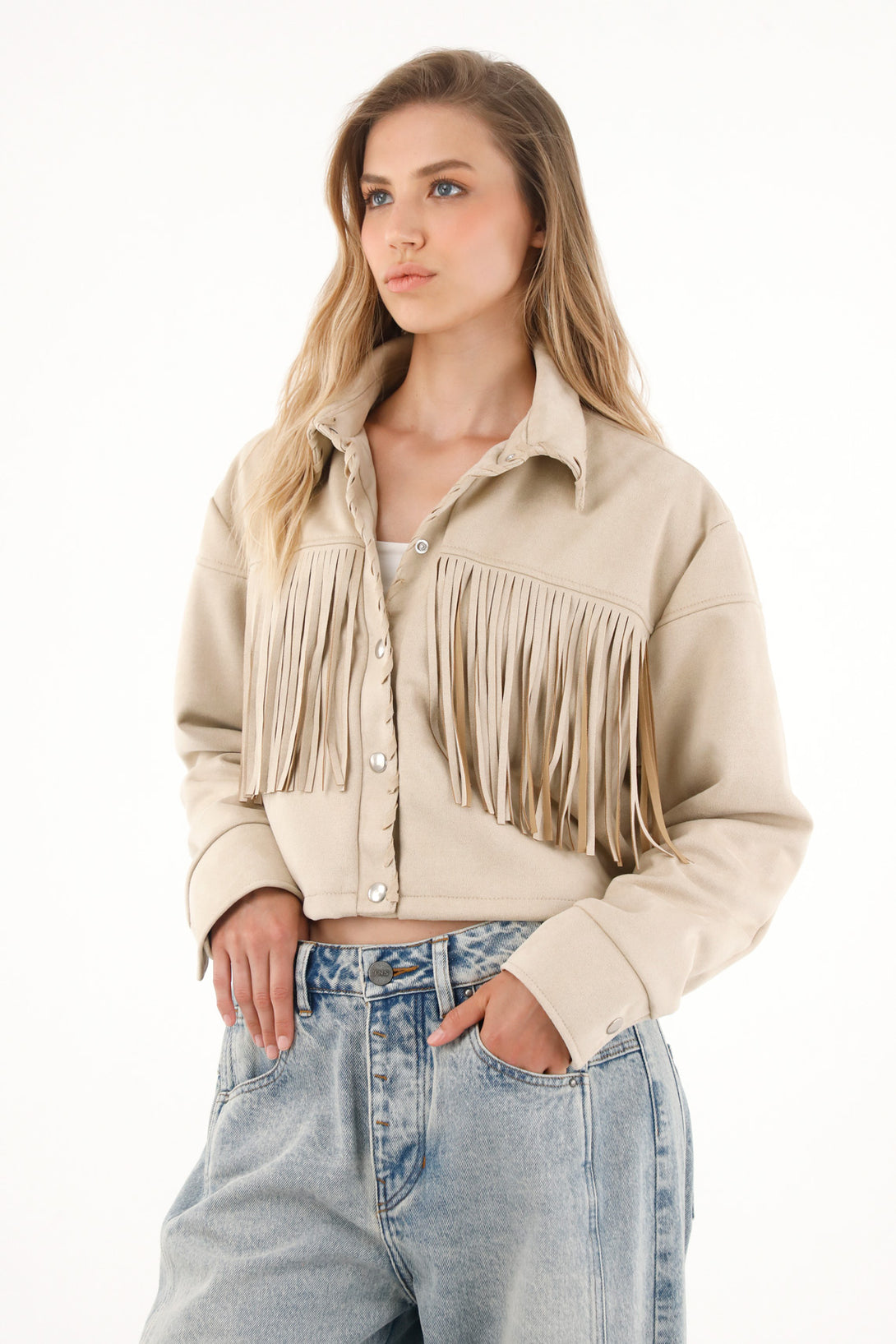 Women's Cream Suede Fringe Coat