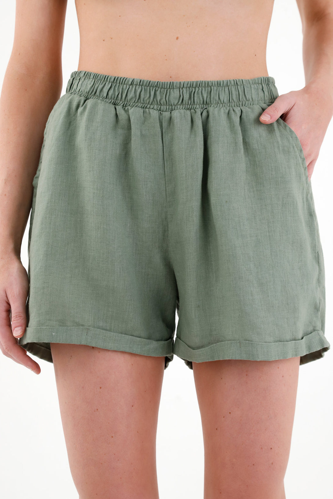 Women's Green 100% Linen Bermuda Shorts