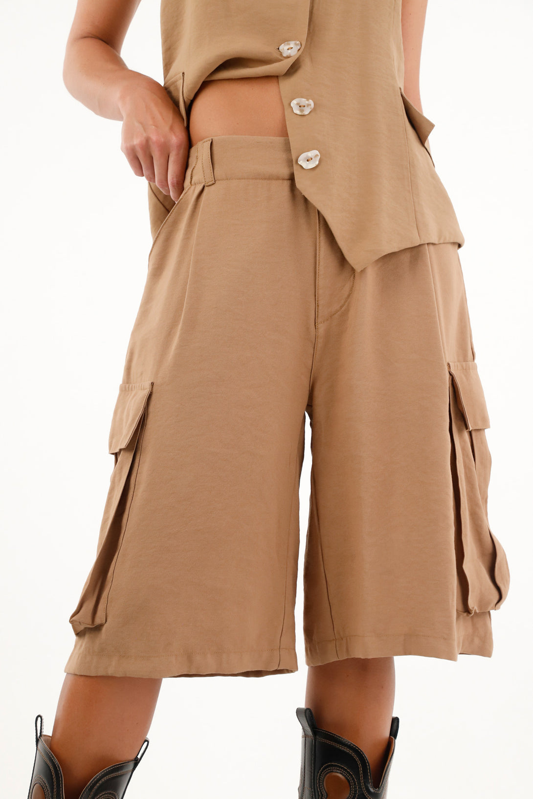 Women's Brown Long Bermuda Shorts with Pockets