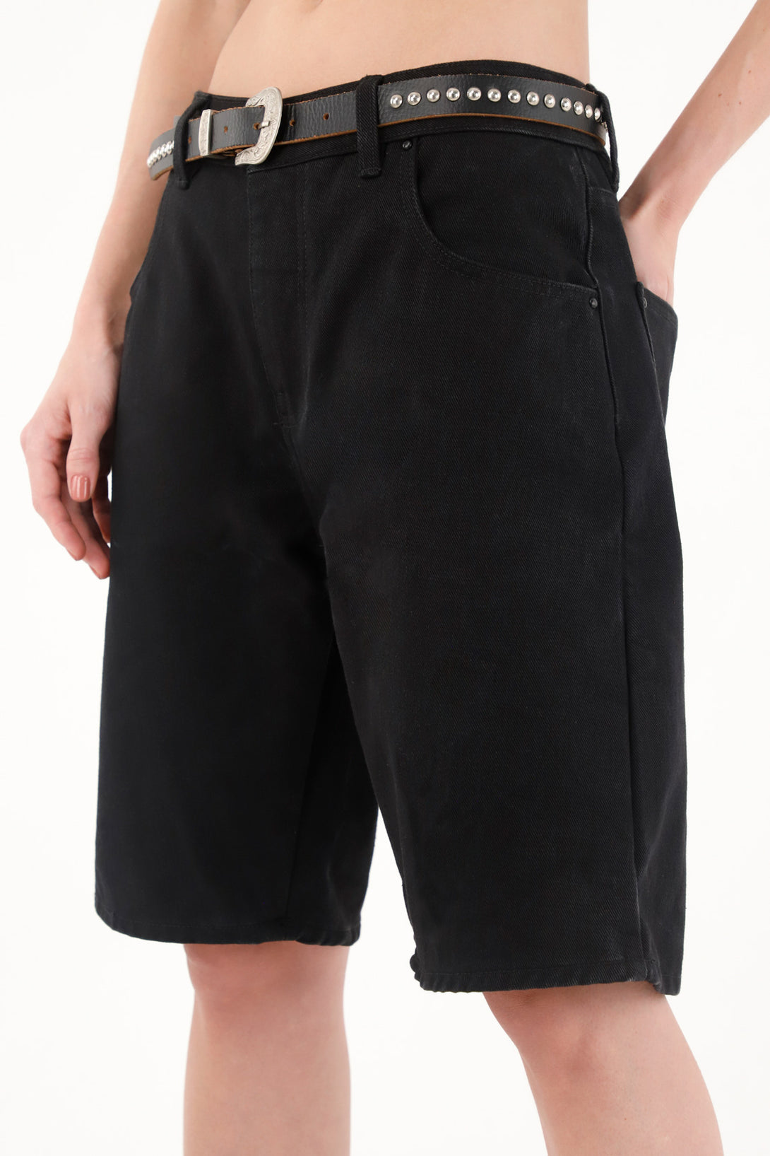 Women's Black Denim Long Bermuda Shorts