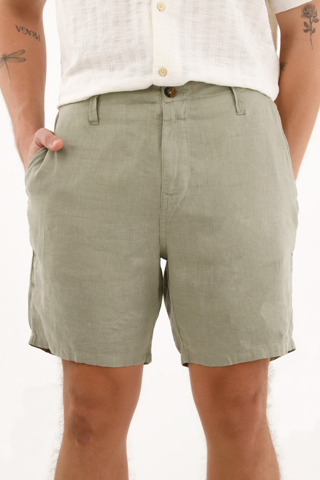 Men's green 100% linen chino shorts