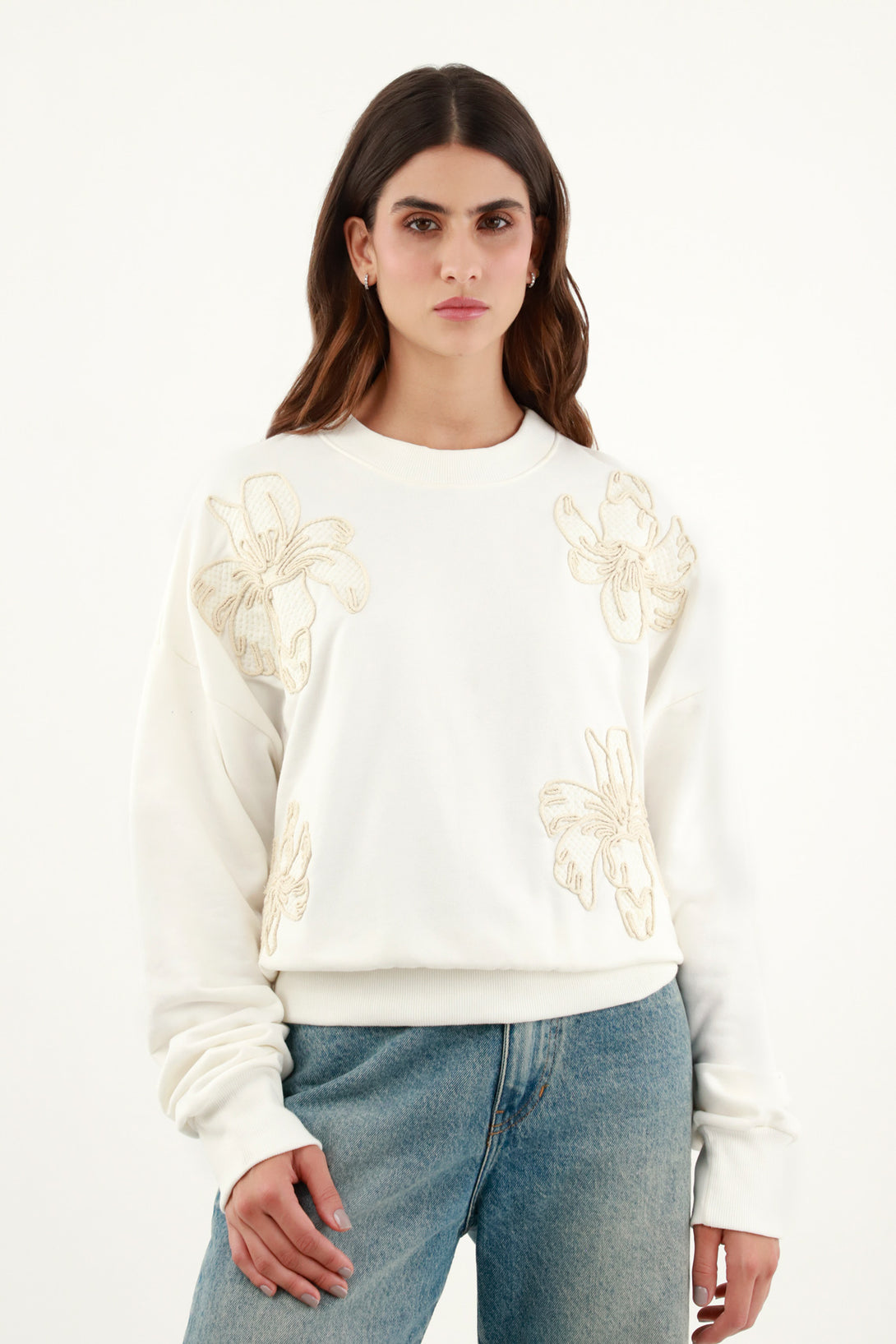 Women's Ecru Floral Embroidered Sweater