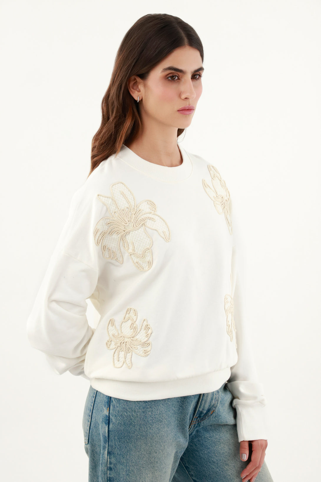 Women's Ecru Floral Embroidered Sweater