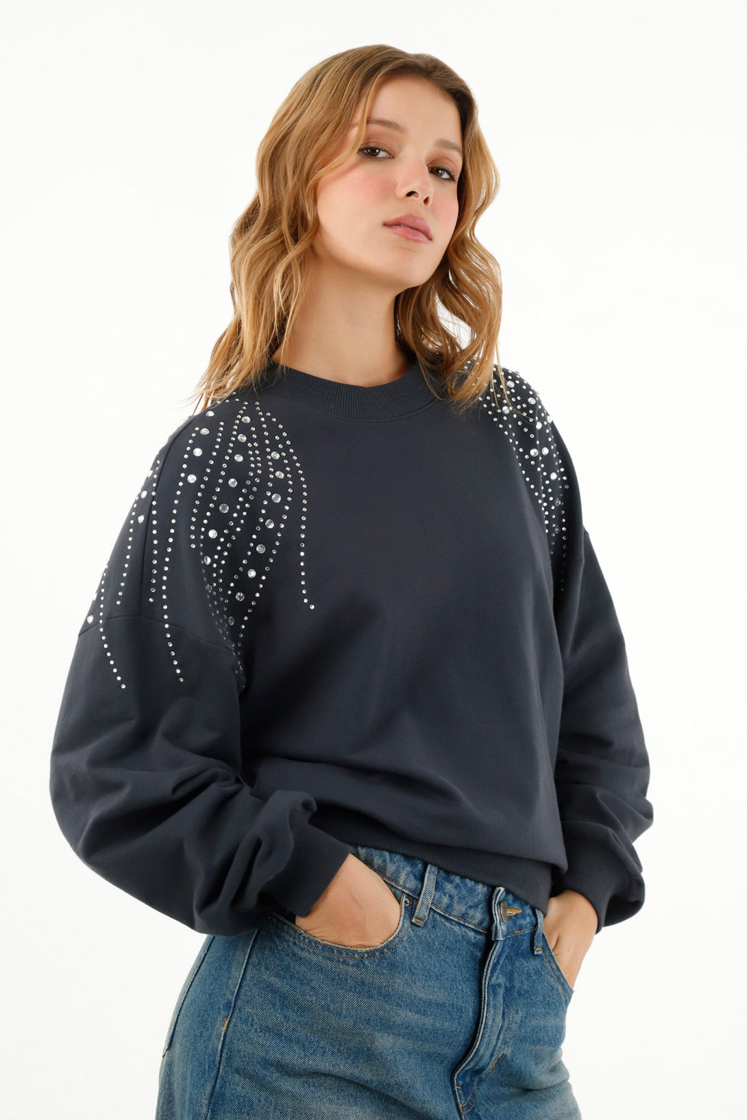 Women's Gray Embellished Sweater