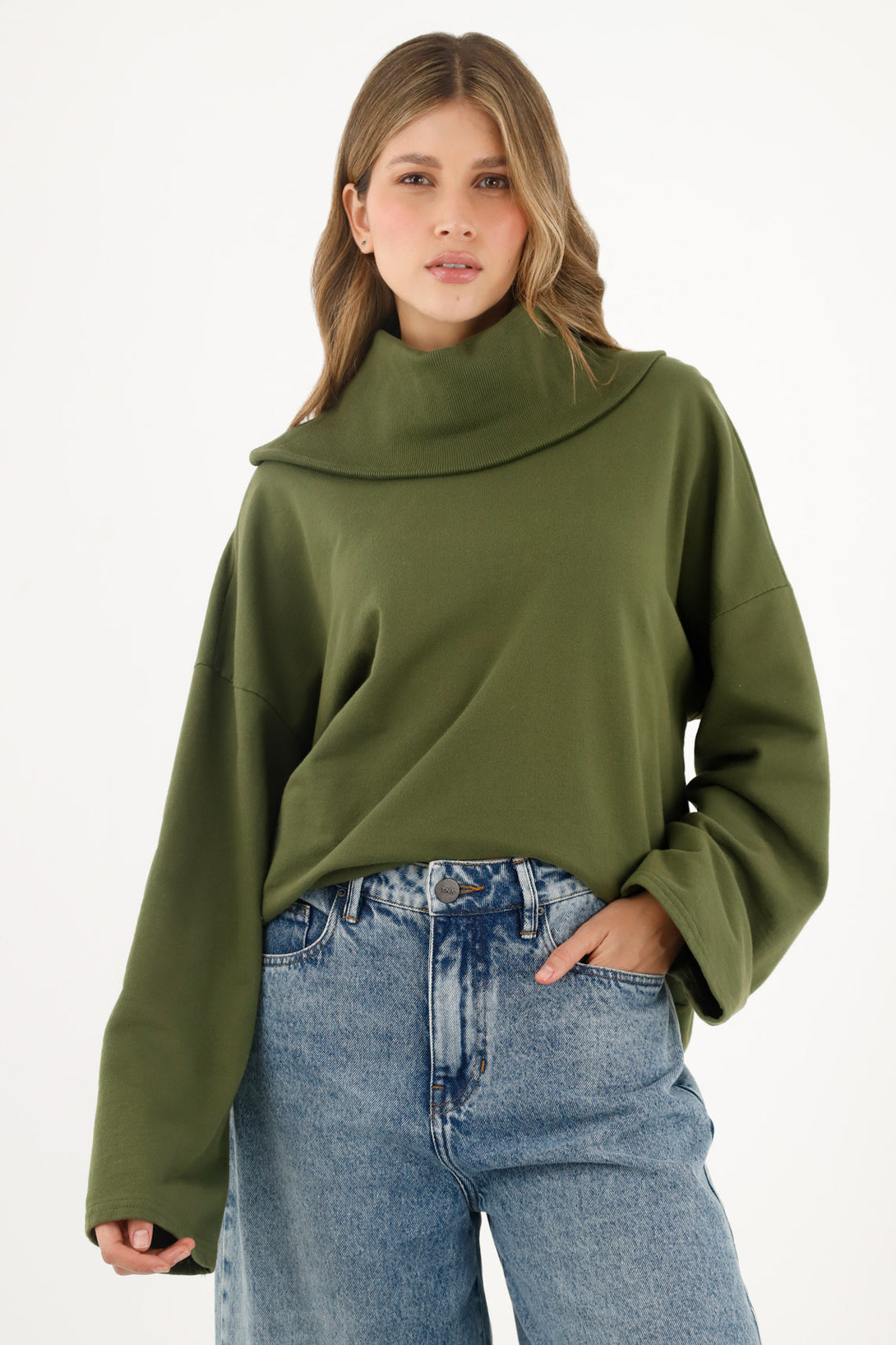 Women's Green Draped High Neck Sweater