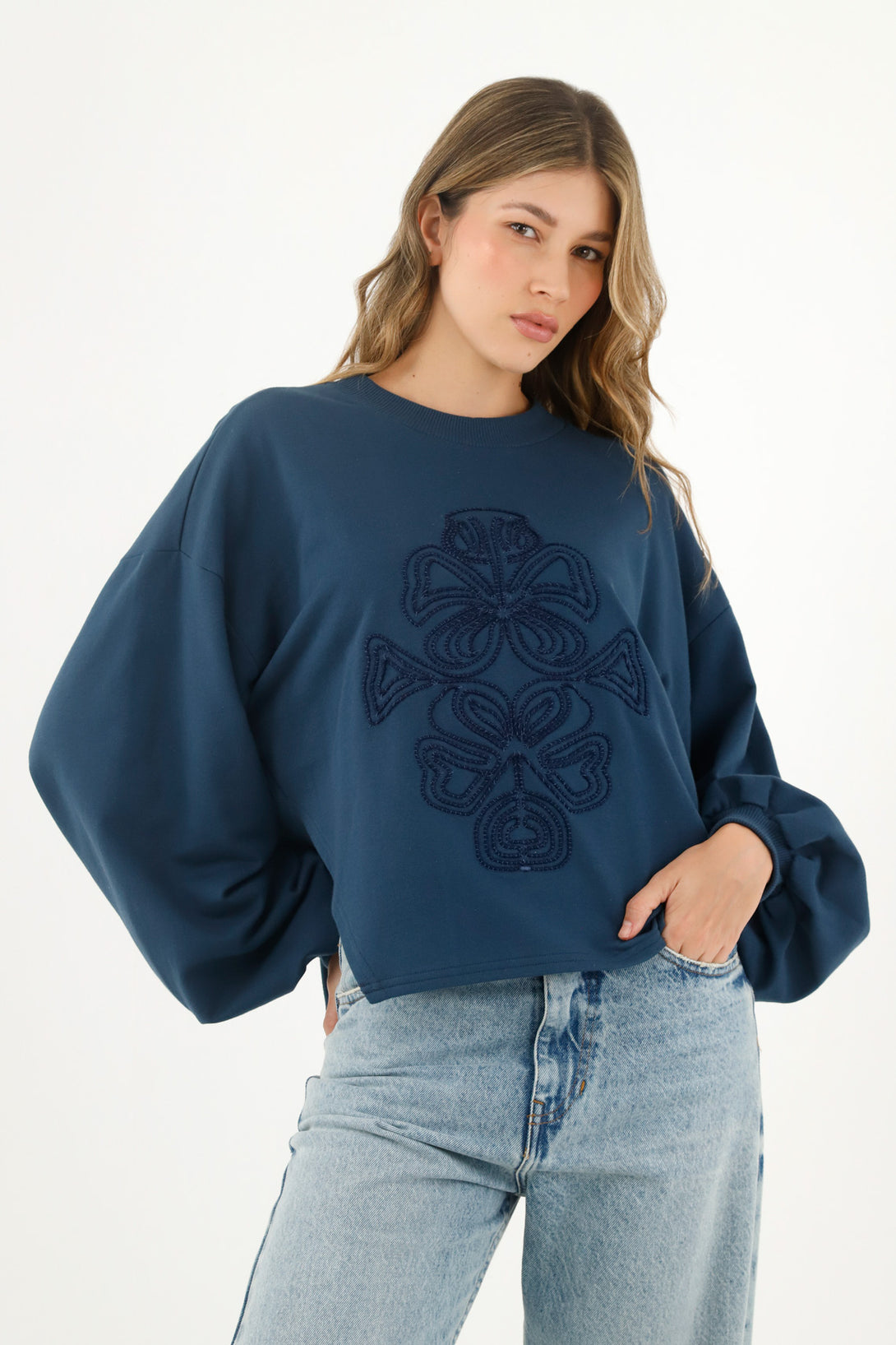 Women's Blue Tonal Embroidered Sweater