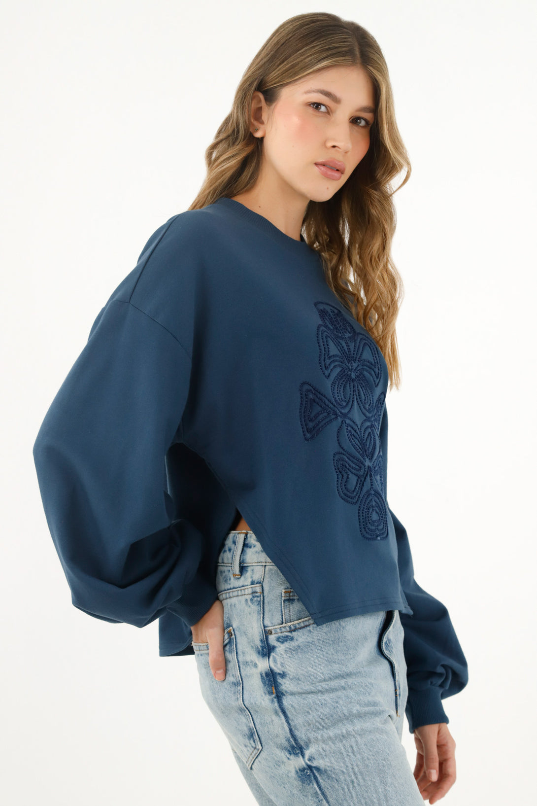 Women's Blue Tonal Embroidered Sweater