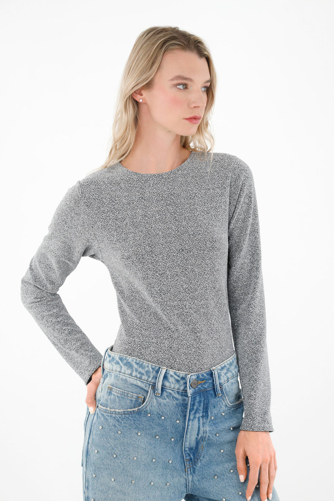 Women's Gray Shiny Sweater