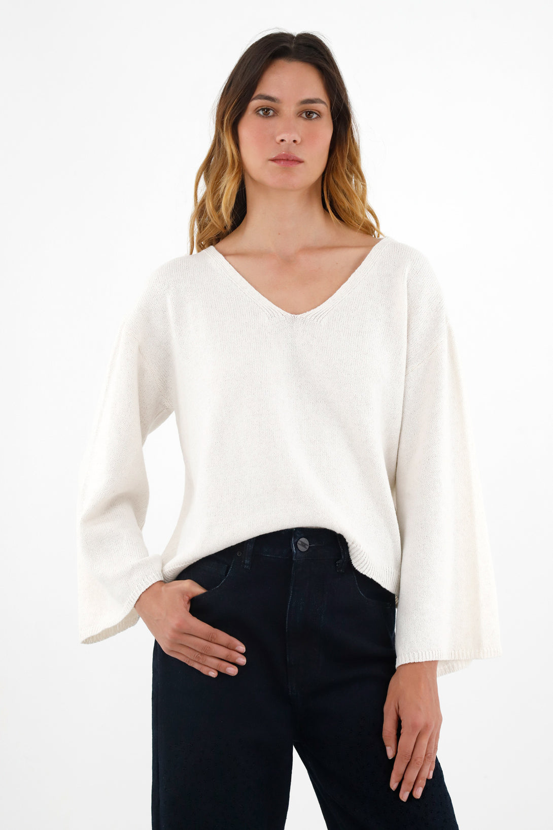 Women's Ecru V-Neck Sweater