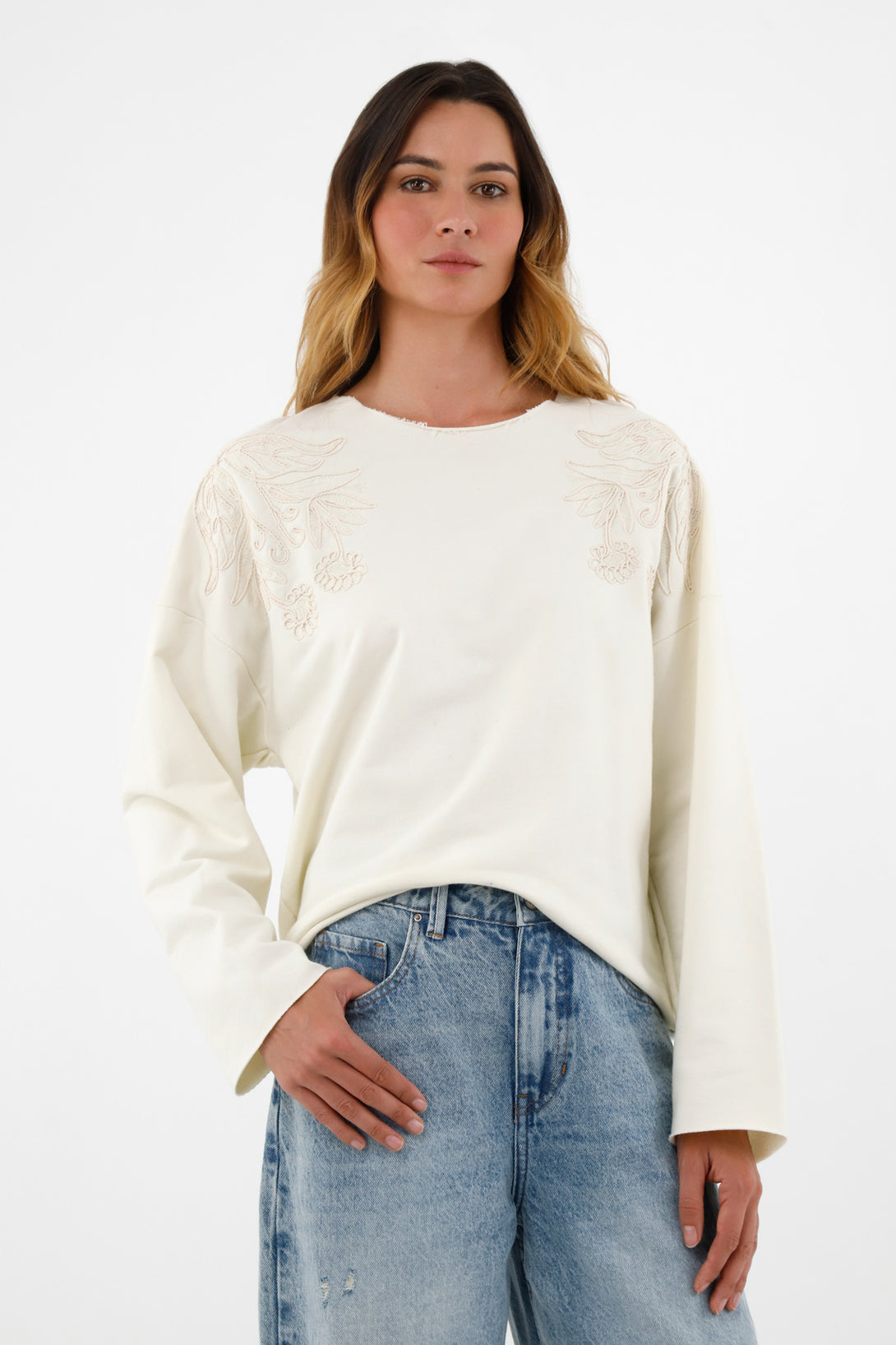 Women's Off-White Sweater with Shoulder Embroidery