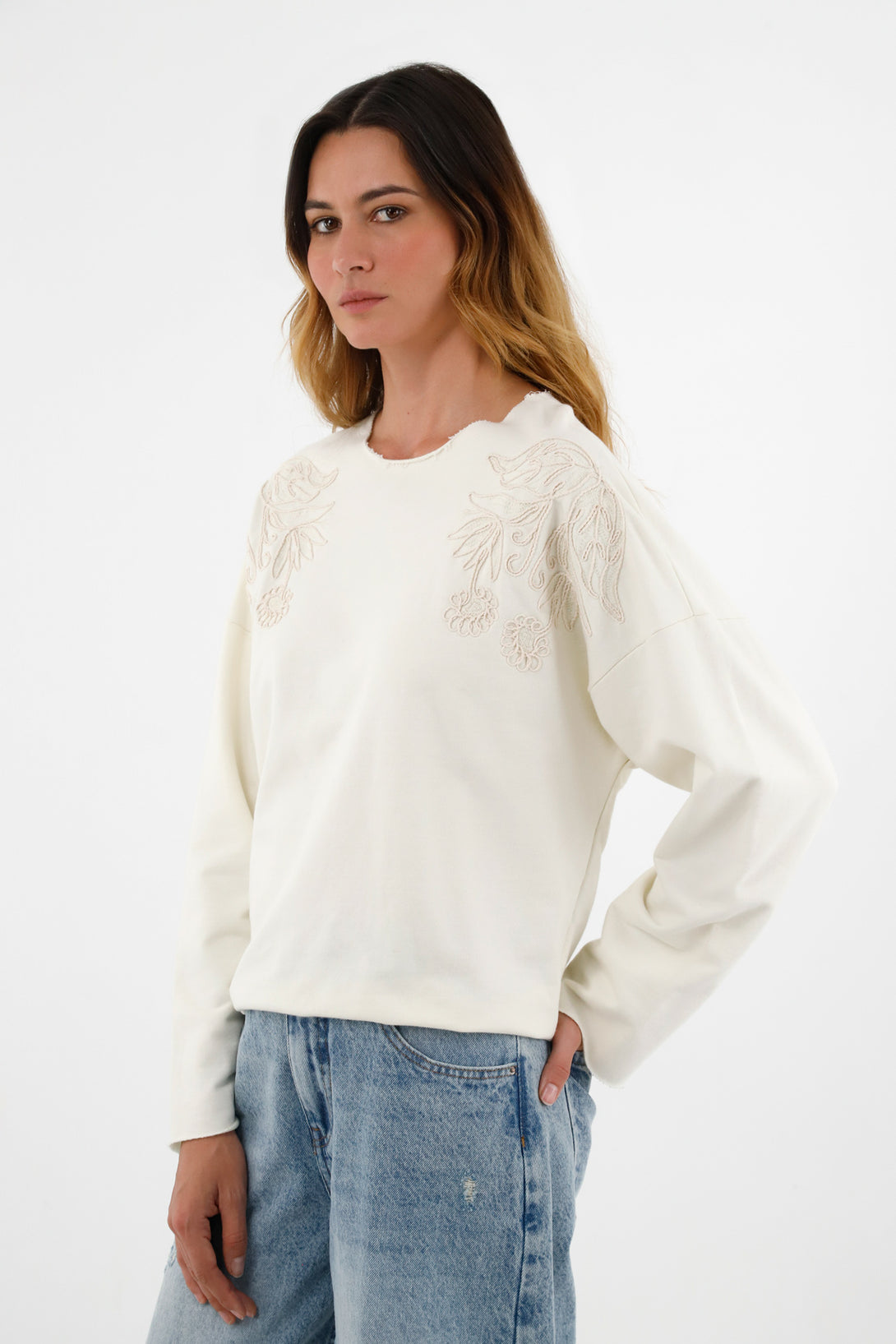 Women's Off-White Sweater with Shoulder Embroidery