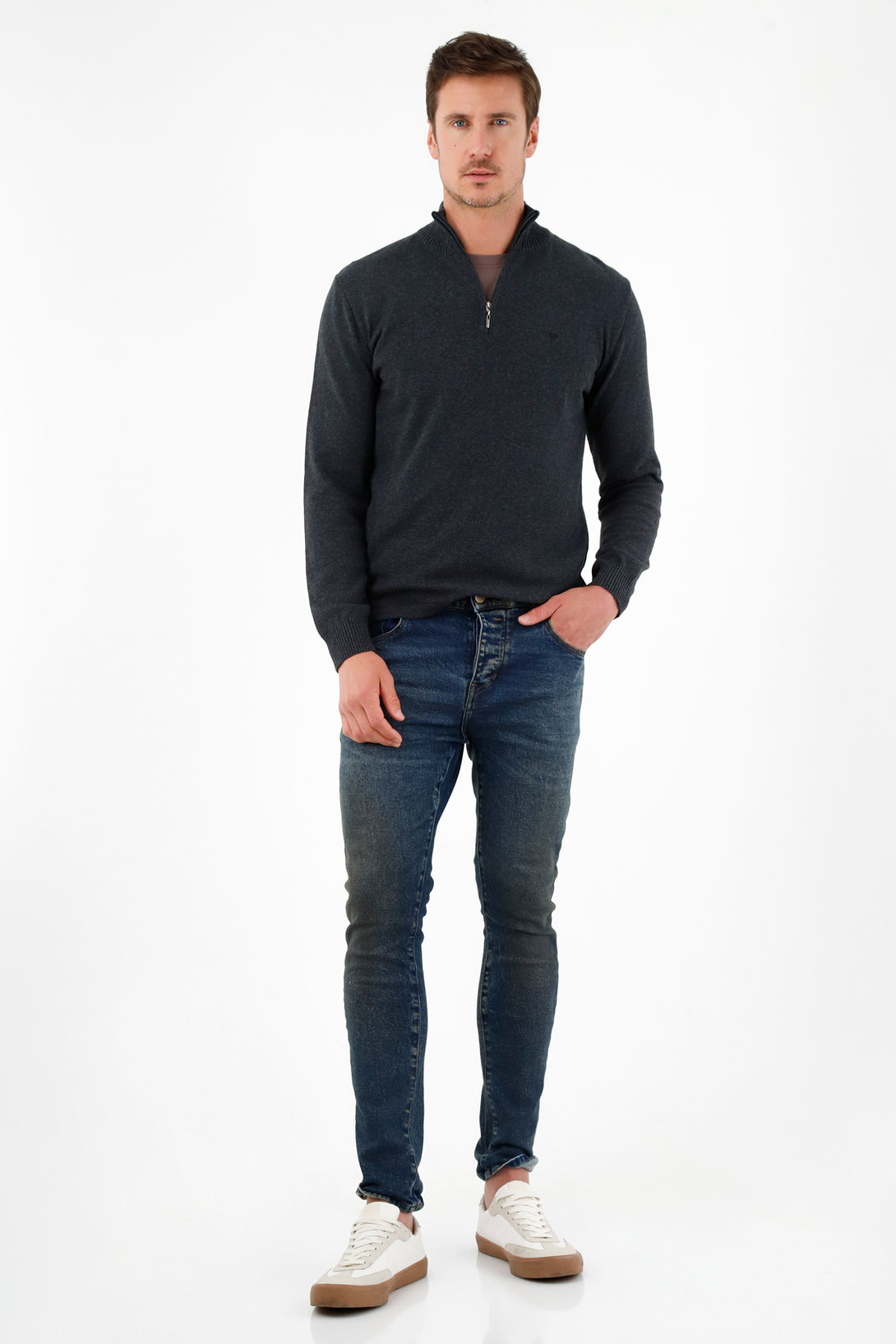 Men's Gray High-Neck Sweater with Zip