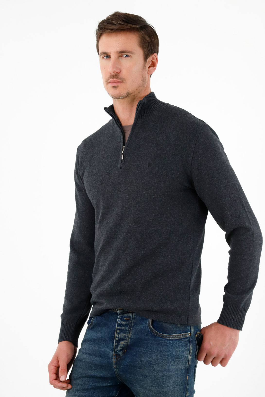 Men's Gray High-Neck Sweater with Zip