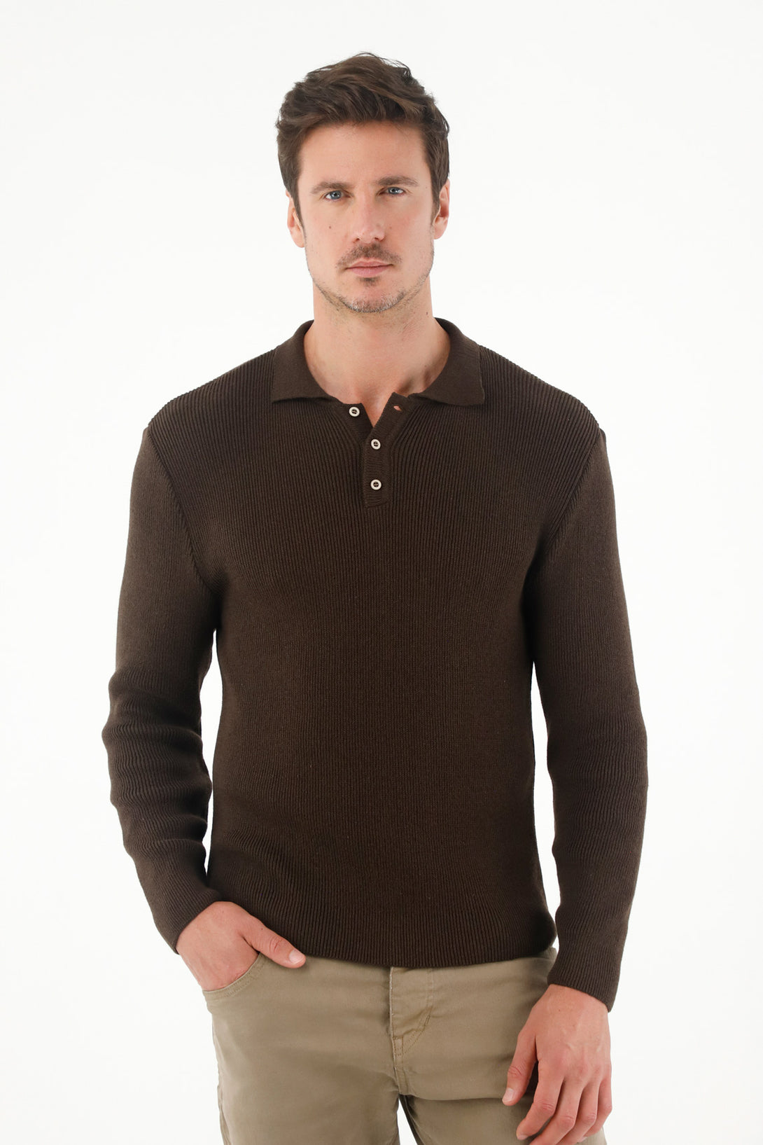 Men's Brown Knit Polo Sweater