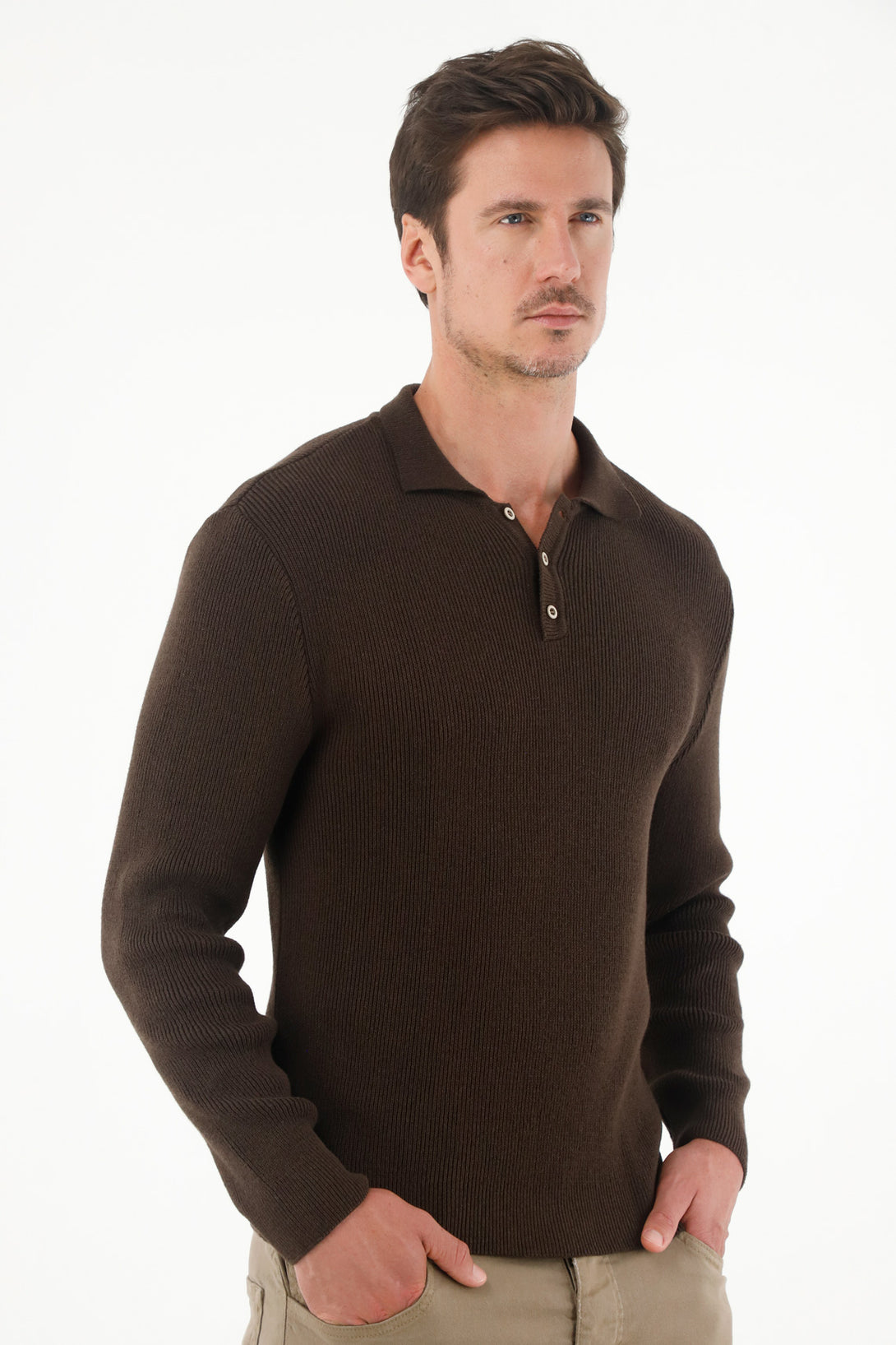 Men's Brown Knit Polo Sweater