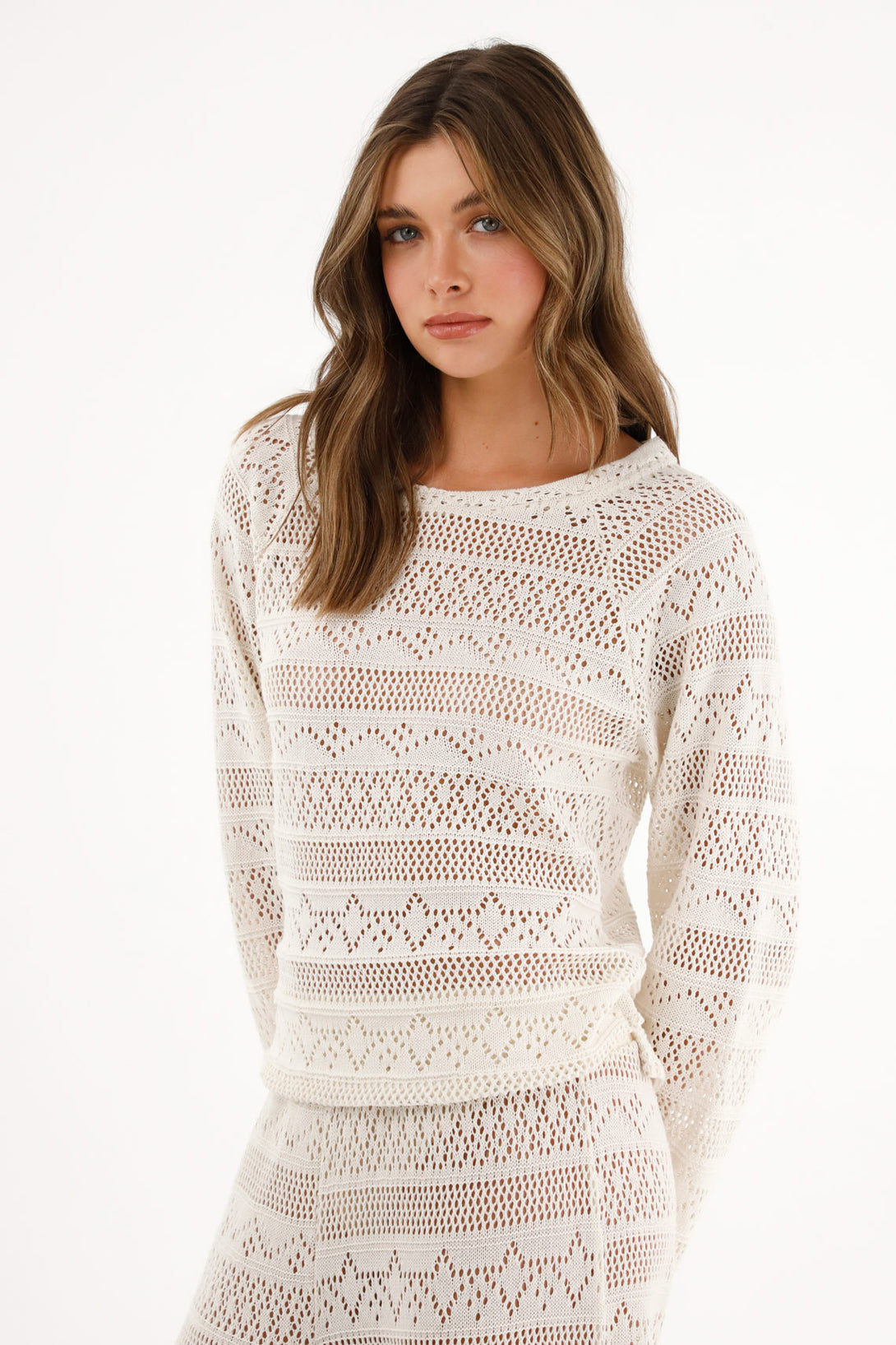 Women's Cream Sweater with Crochet Design