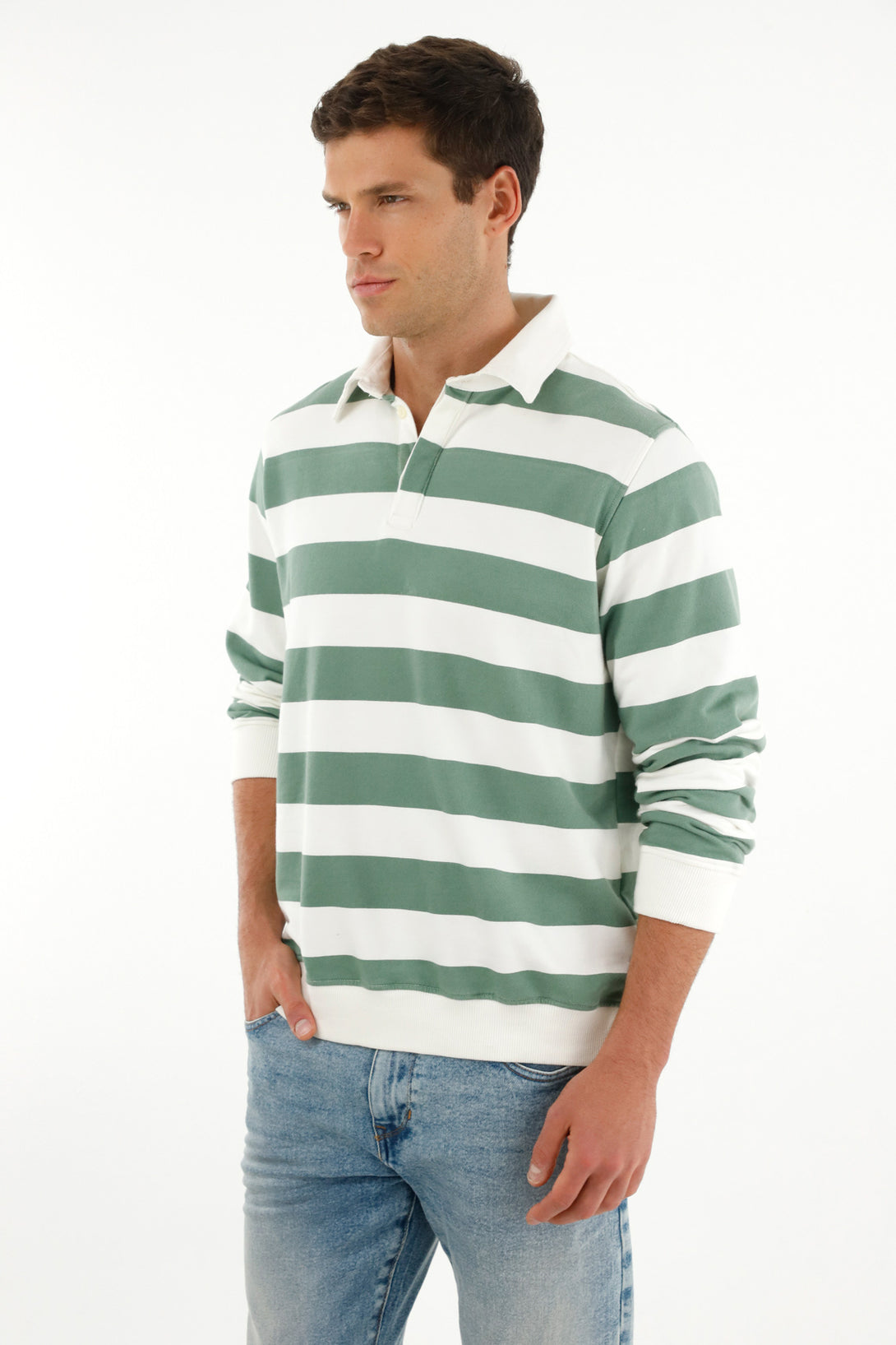 Men's striped green print polo hoodie