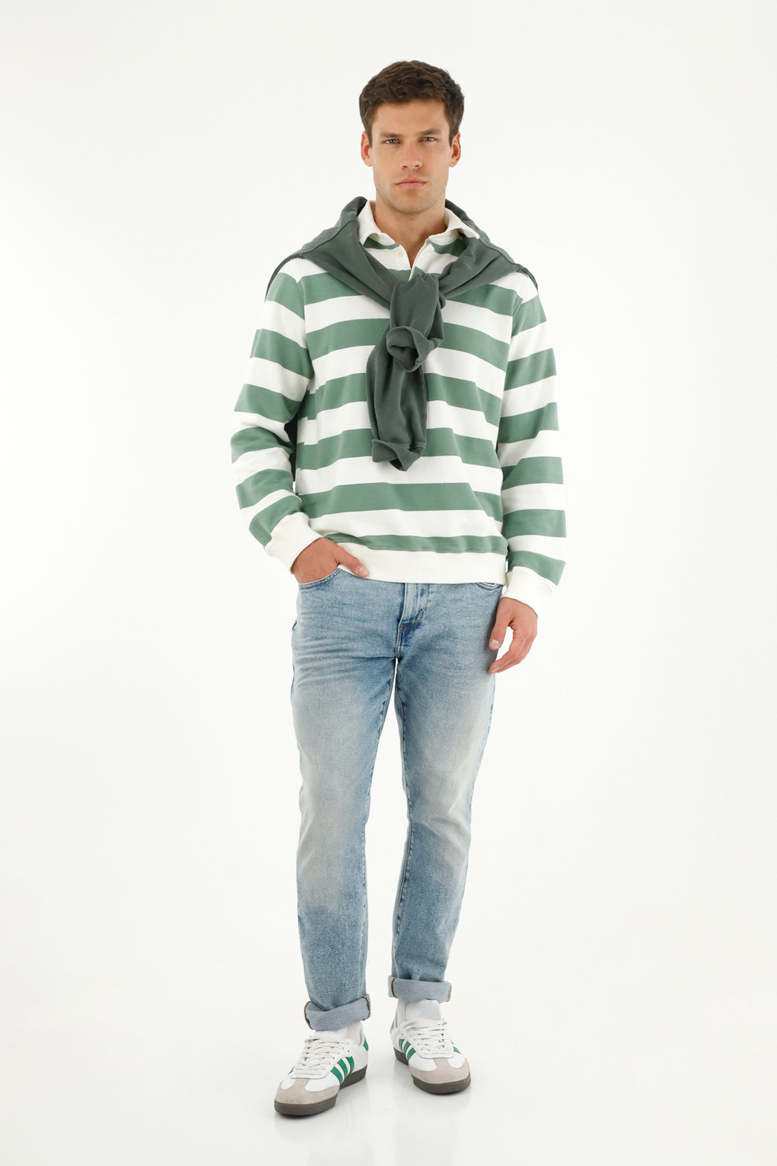 Men's striped green print polo hoodie